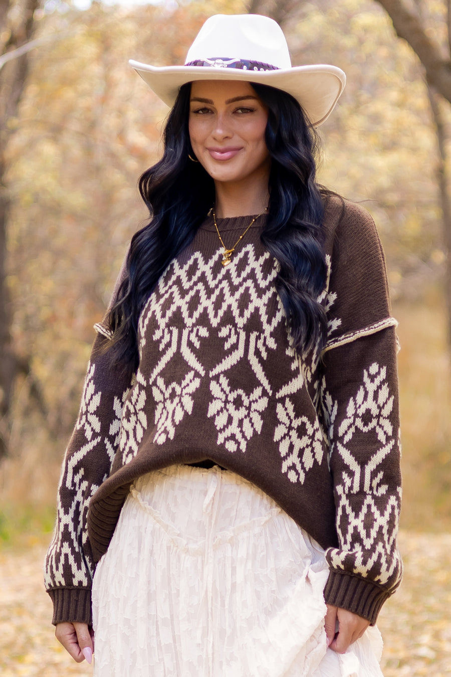 Cocoa and Cream Fair Isle Pattern Relaxed Sweater