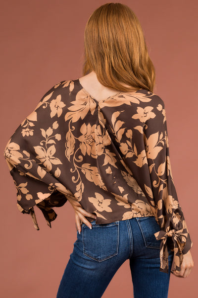 Cocoa and Latte Floral Dolman Sleeve Satin Top
