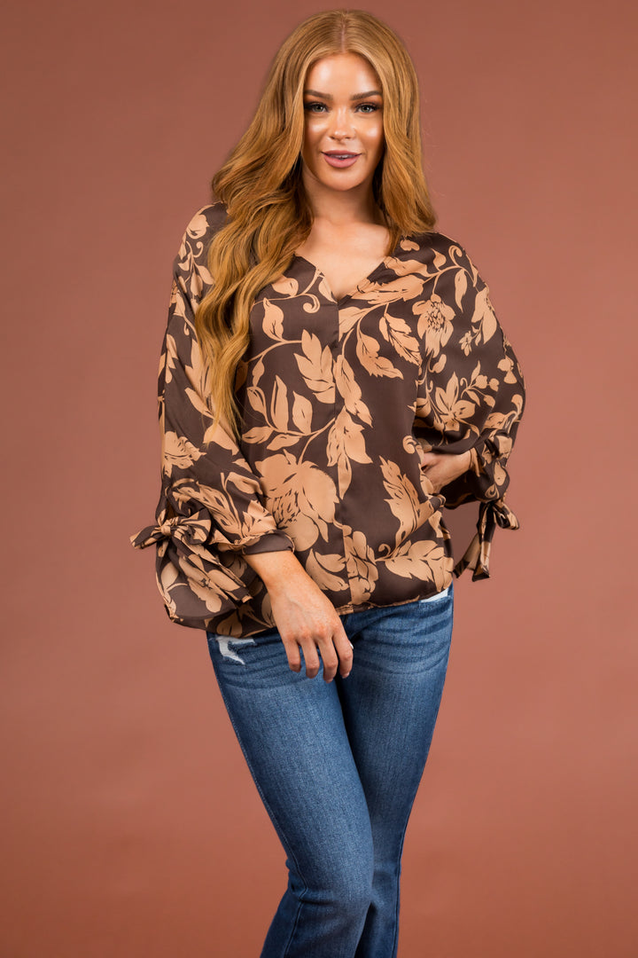 Cocoa and Latte Floral Dolman Sleeve Satin Top