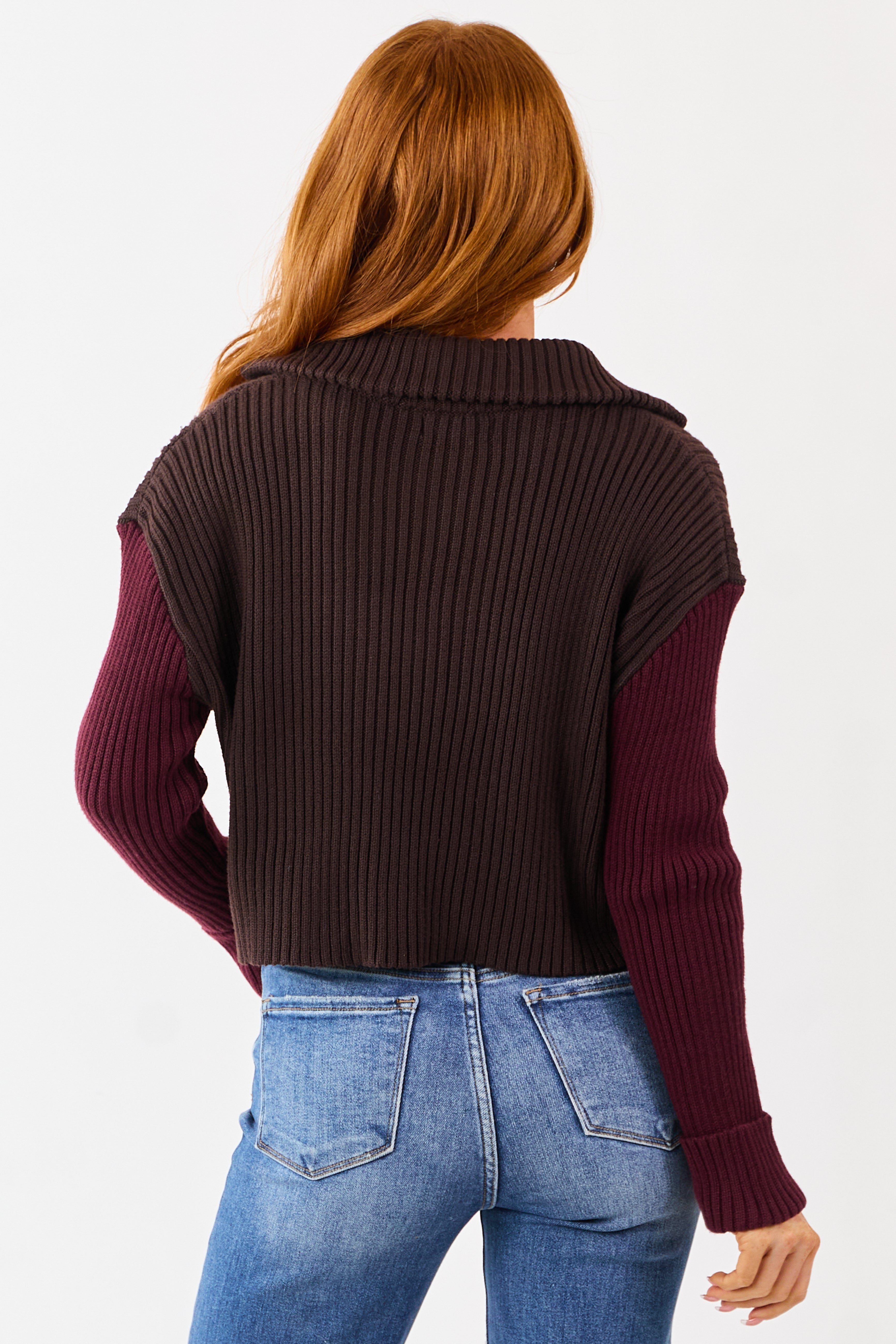 Cocoa and Maroon Contrast Sleeve Sweater Cardigan