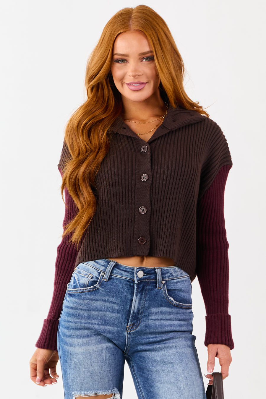 Cocoa and Maroon Contrast Sleeve Sweater Cardigan