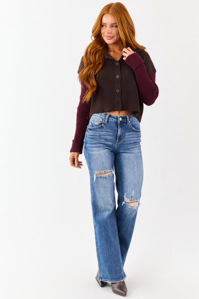 Cocoa and Maroon Contrast Sleeve Sweater Cardigan