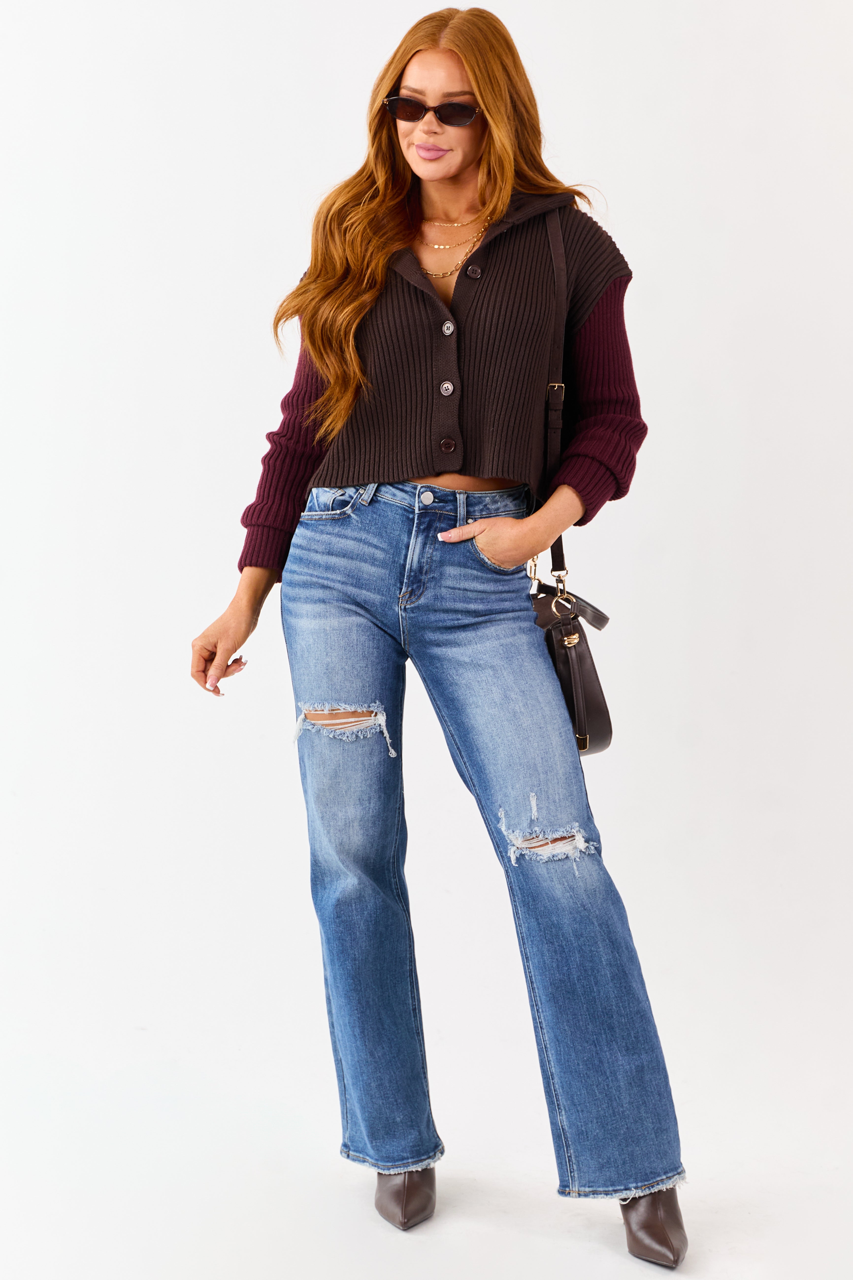 Cocoa and Maroon Contrast Sleeve Sweater Cardigan