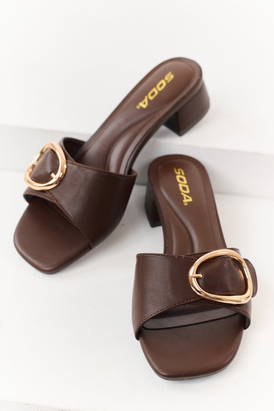 Cocoa Buckle Strap Slip On Square Toe Short Heels