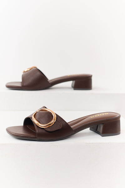 Cocoa Buckle Strap Slip On Square Toe Short Heels