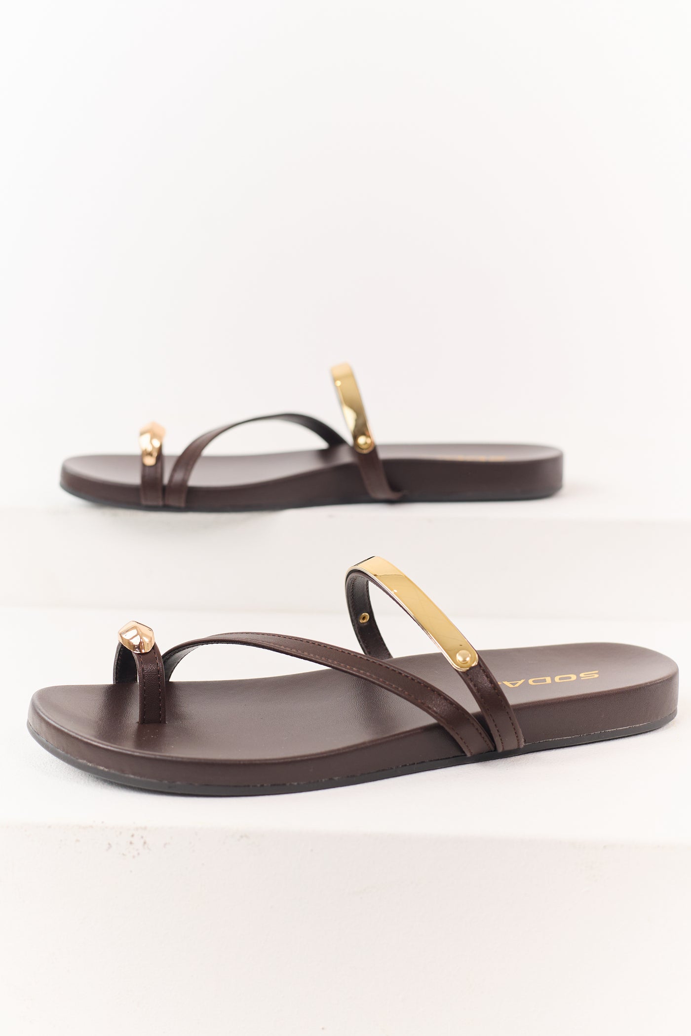 Cocoa Faux Leather Gold Toe Strap Sandals