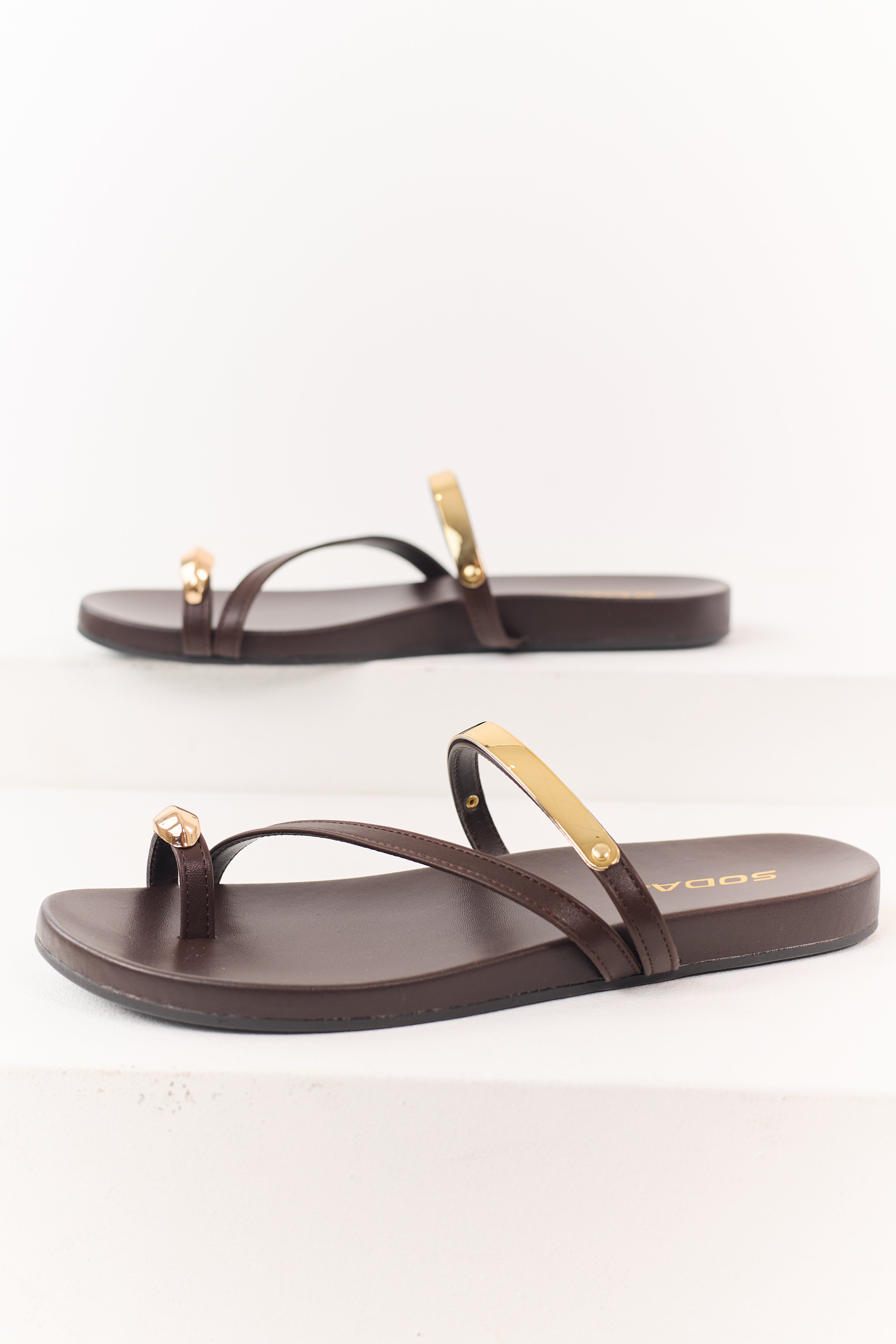 Cocoa Faux Leather Gold Toe Strap Sandals
