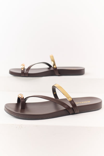 Cocoa Faux Leather Gold Toe Strap Sandals