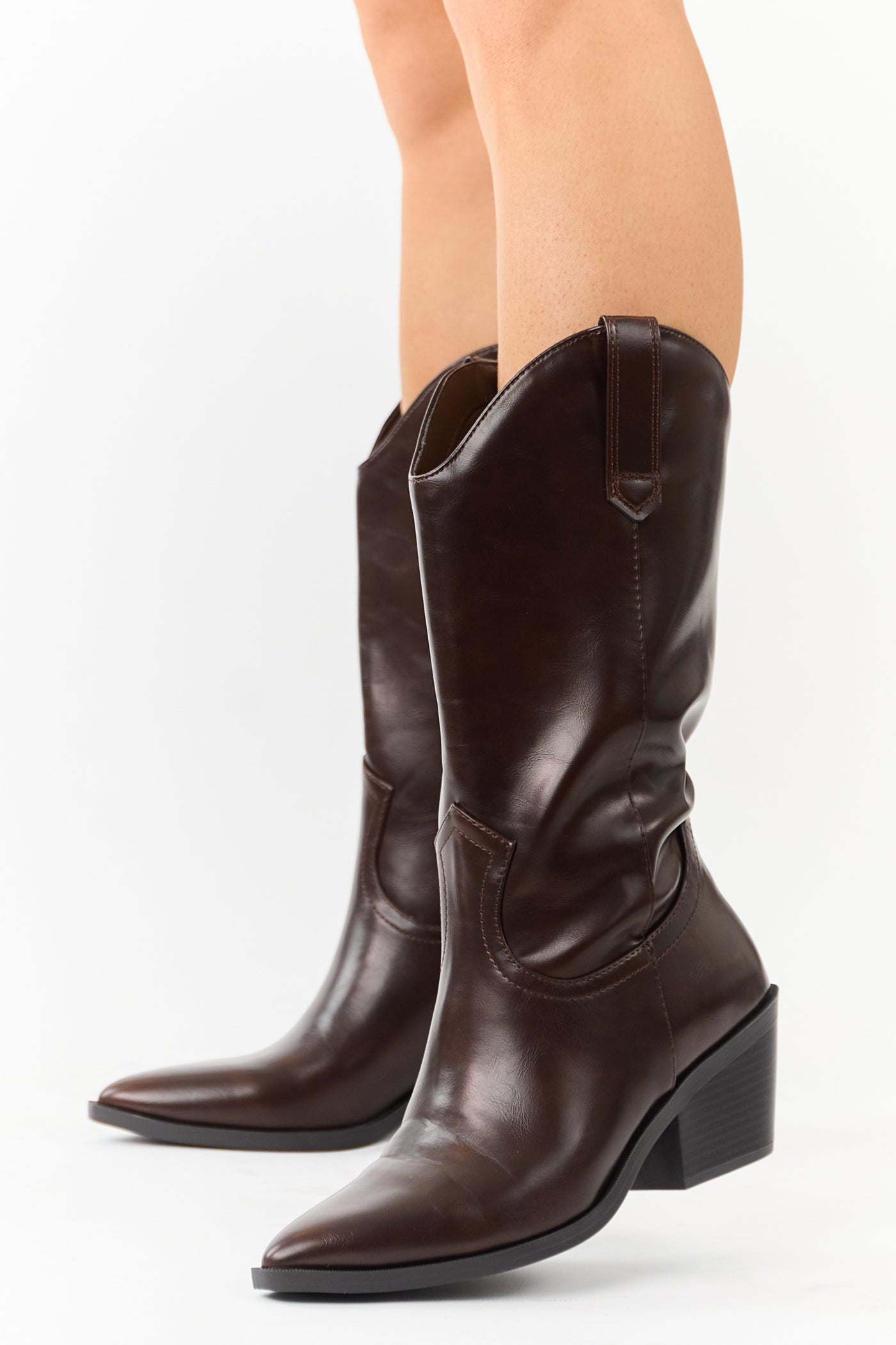 Cocoa Faux Leather Western Style Tall Boots