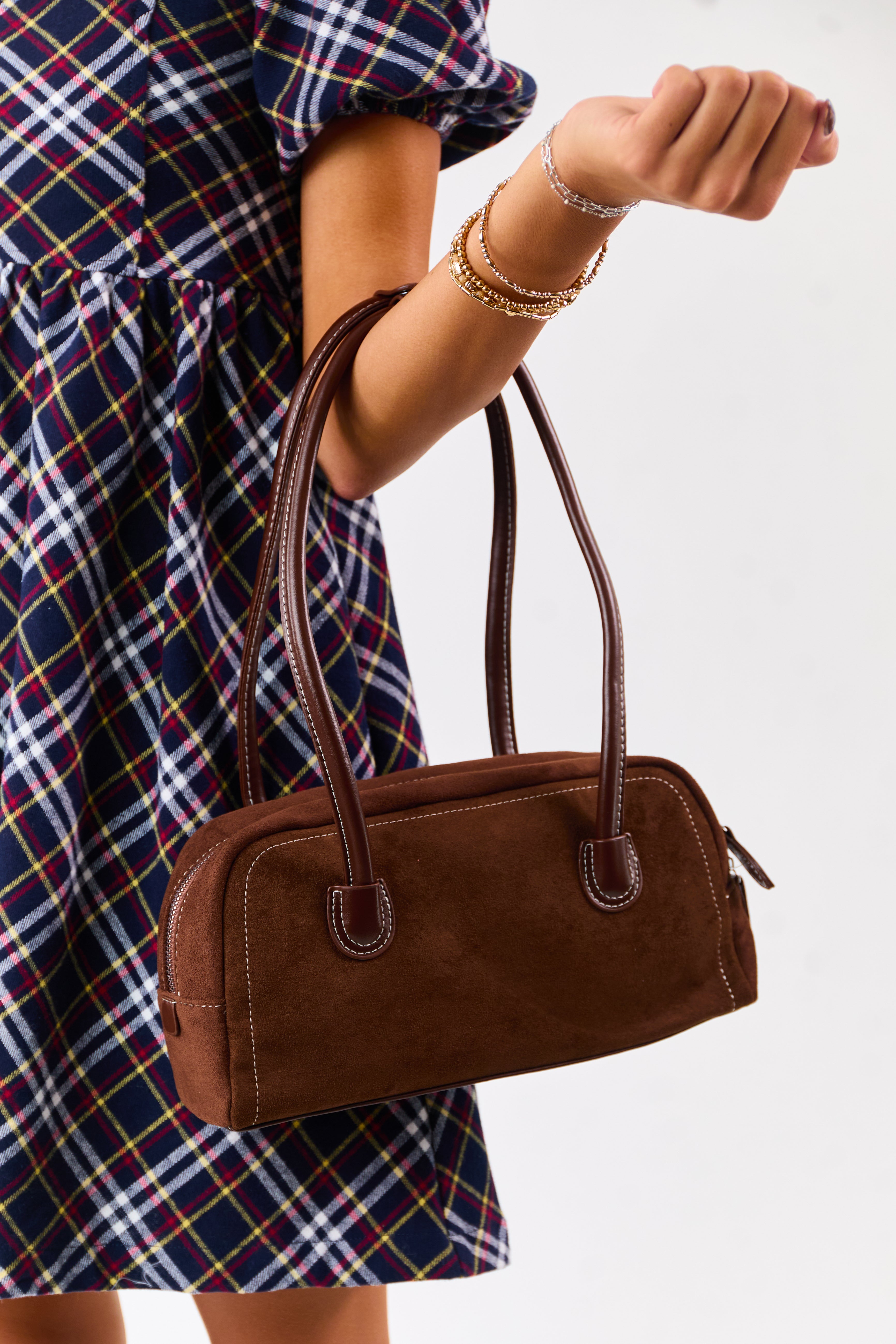 Cocoa Faux Suede Baguette Handbag