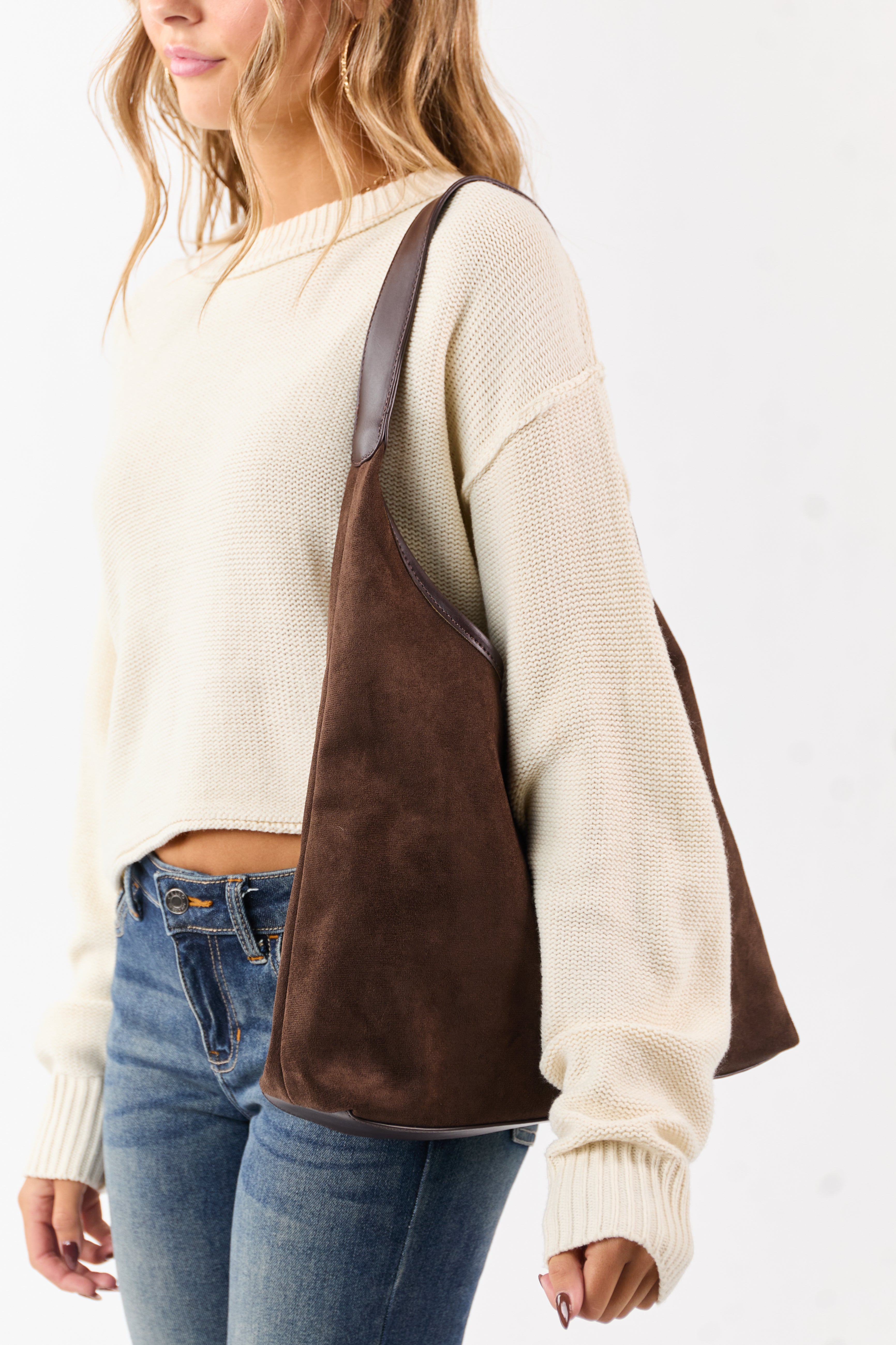 Cocoa Faux Suede Flat Bottom Tote Bag