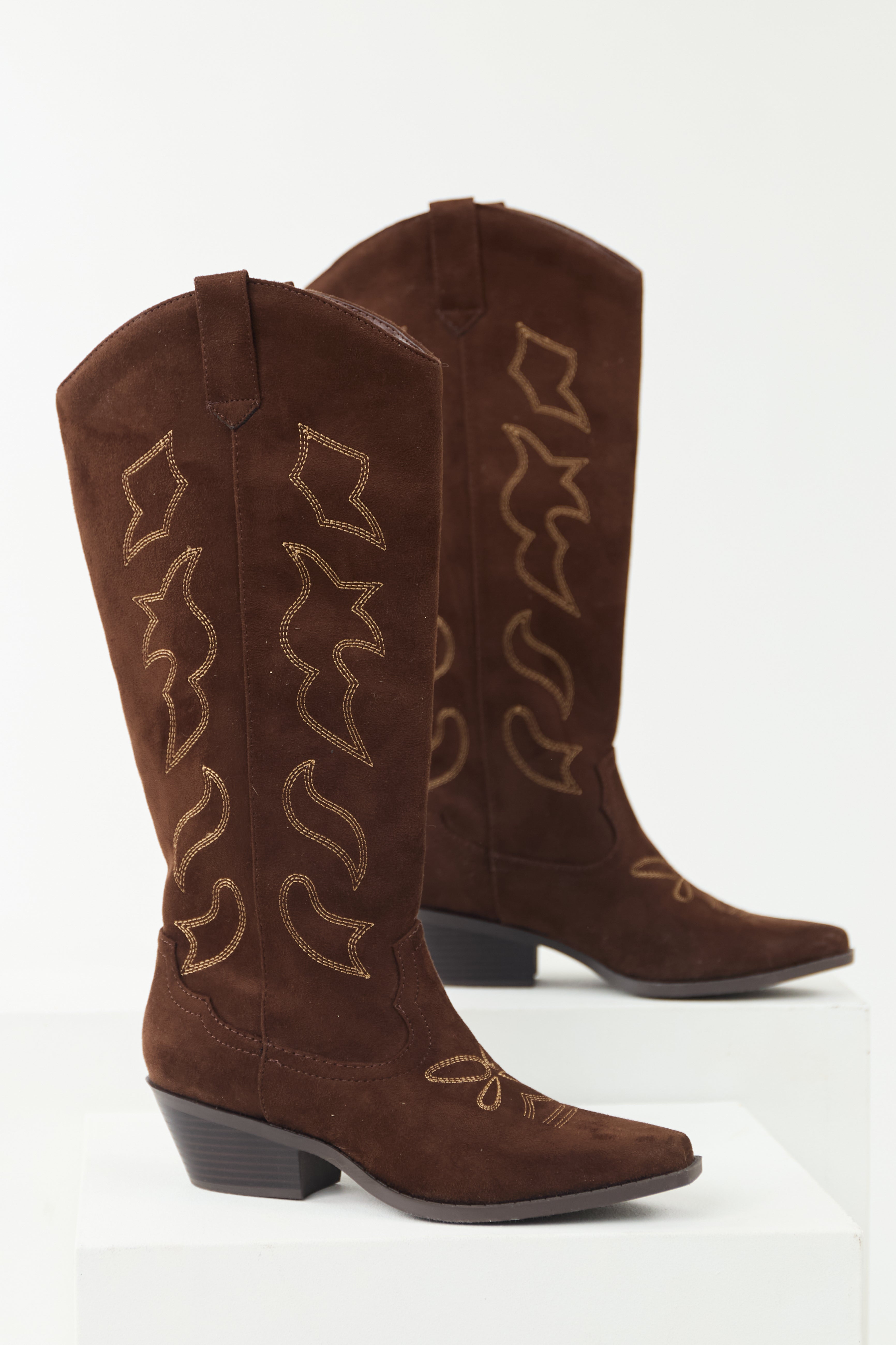 Cocoa Faux Suede Western Embroidered Boots | Lime Lush Boutique