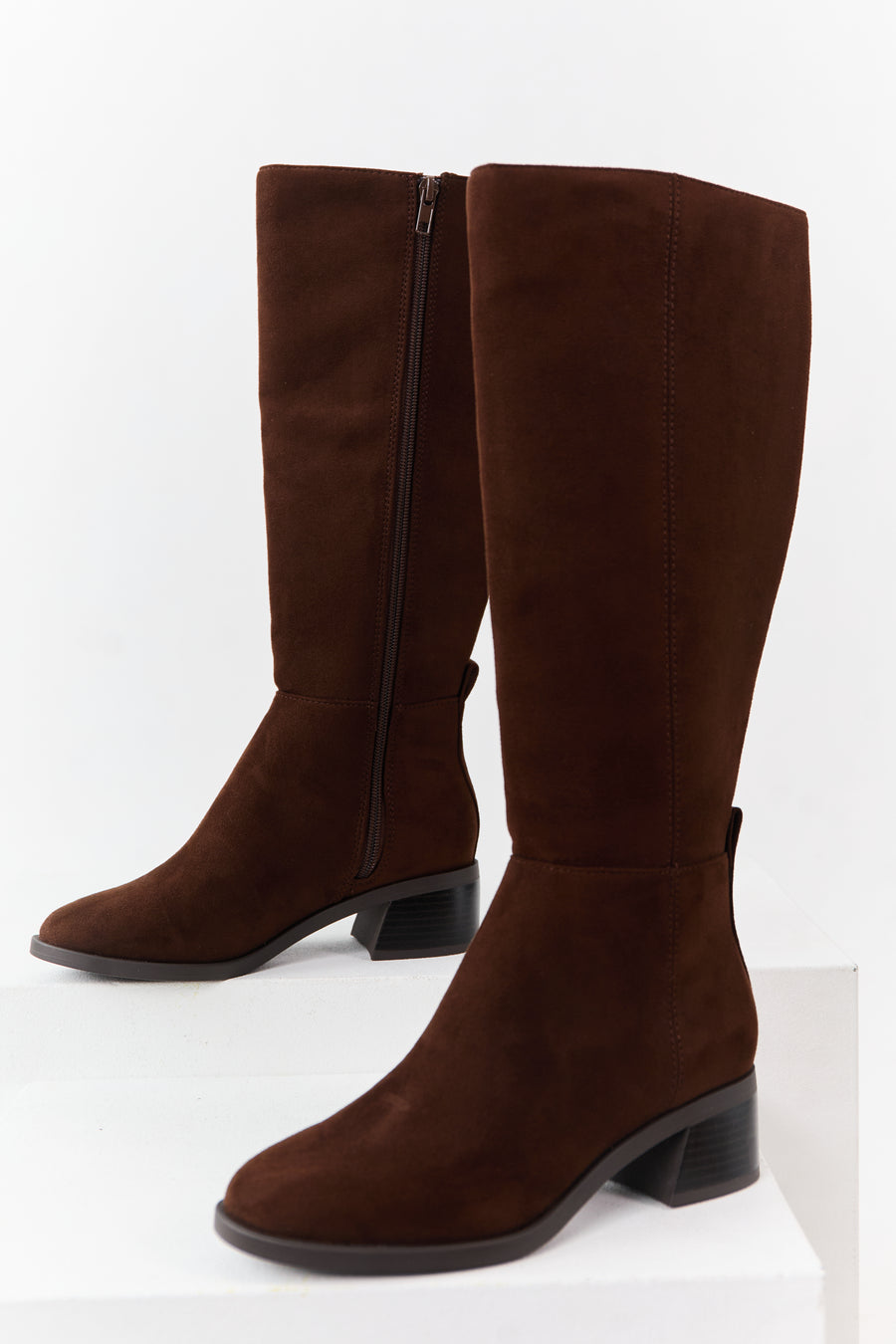 Cocoa Faux Suede Wide Calf Block Heel Tall Boots