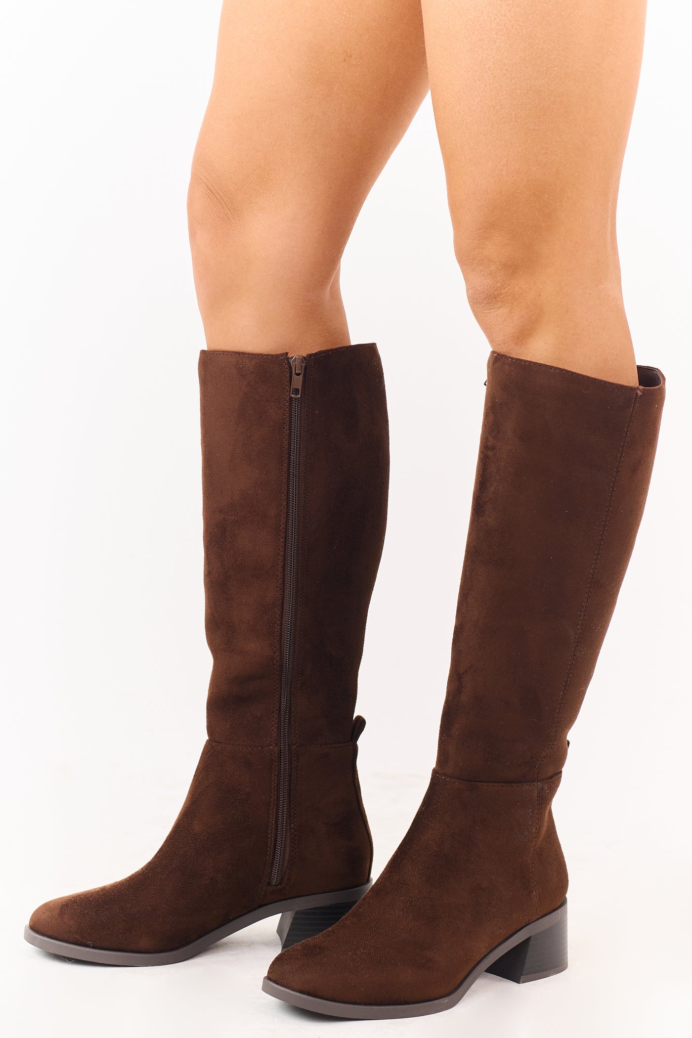 Cocoa Faux Suede Wide Calf Block Heel Tall Boots
