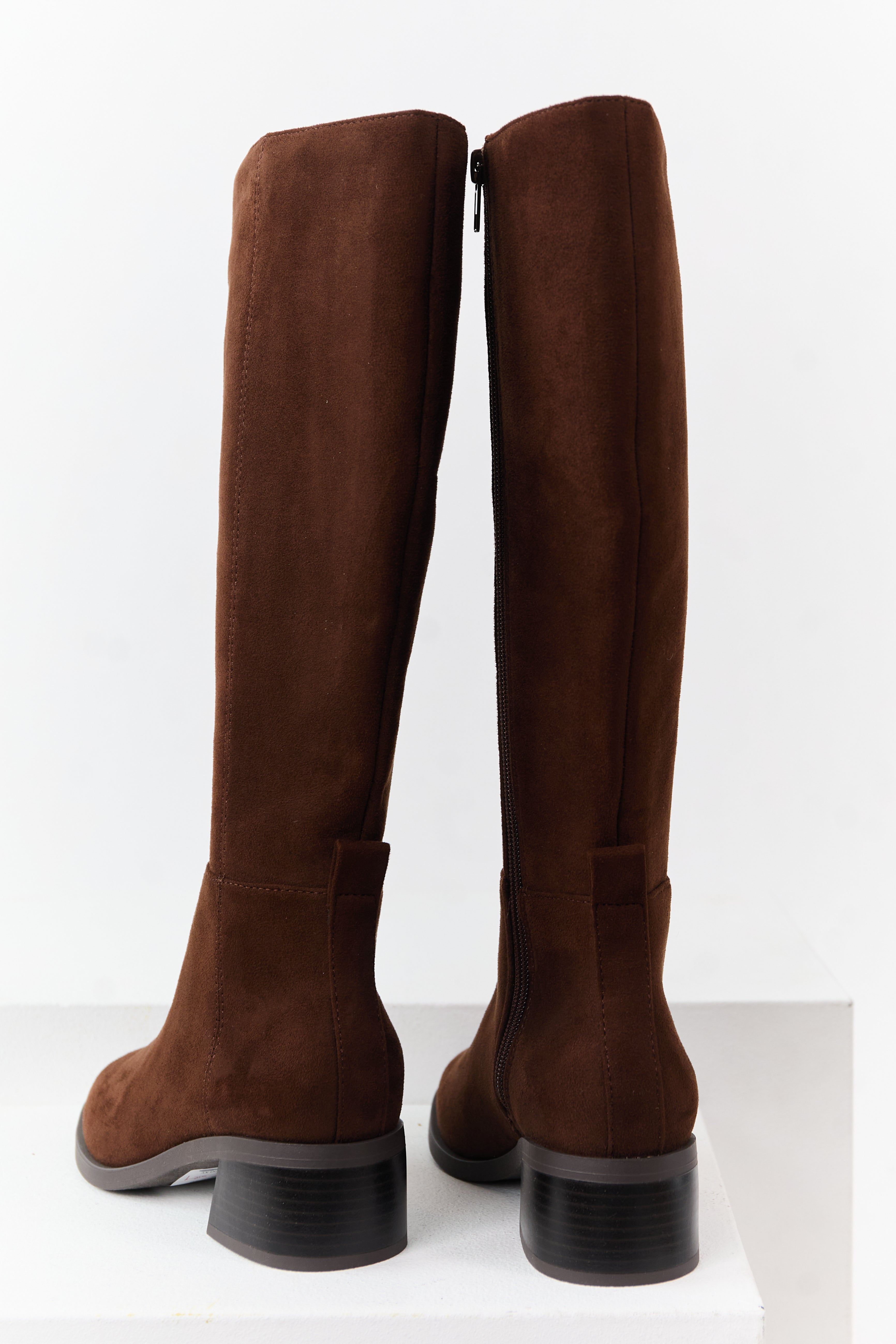 Cocoa Faux Suede Wide Calf Block Heel Tall Boots