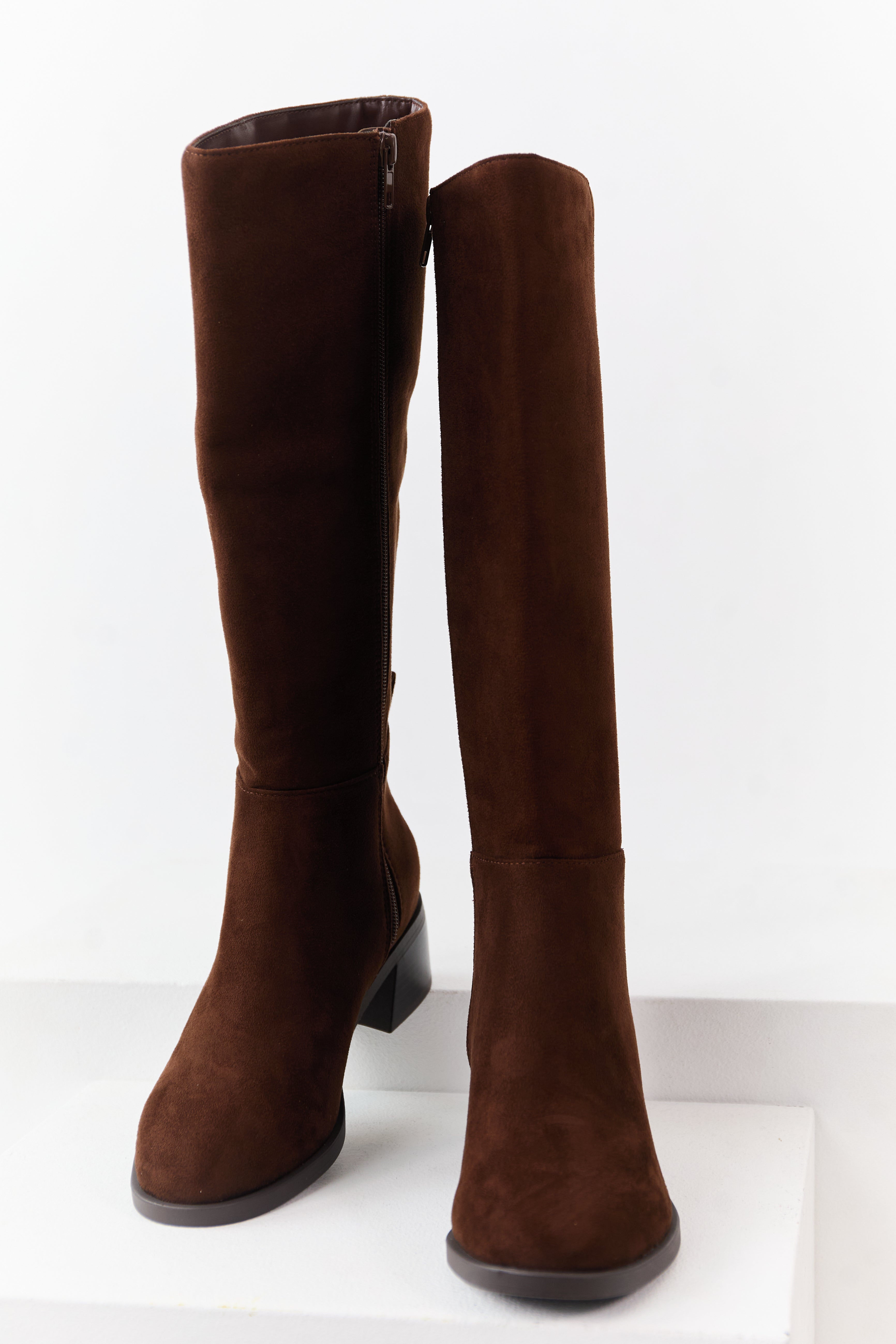 Cocoa Faux Suede Wide Calf Block Heel Tall Boots
