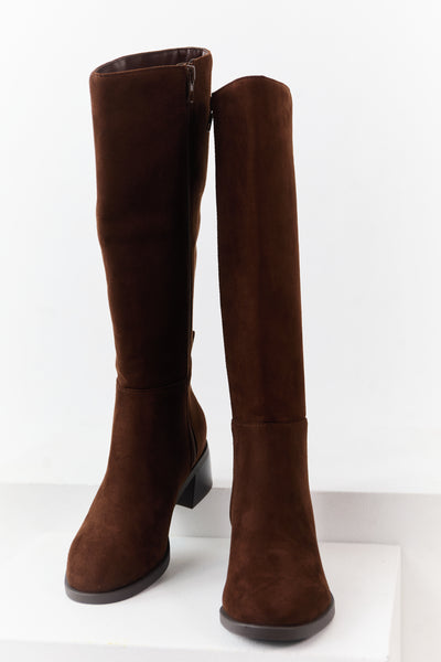 Cocoa Faux Suede Wide Calf Block Heel Tall Boots