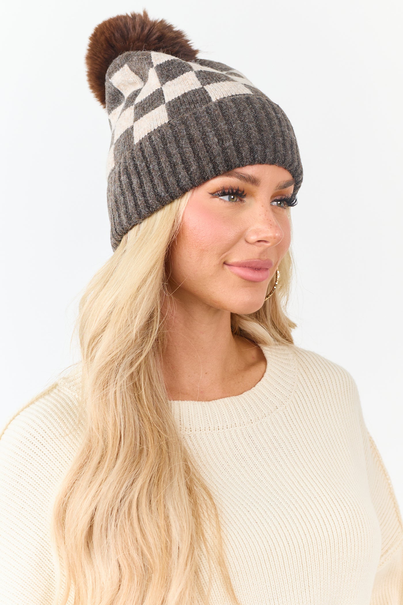 Cocoa and Camel Checkered Pom Pom Beanie