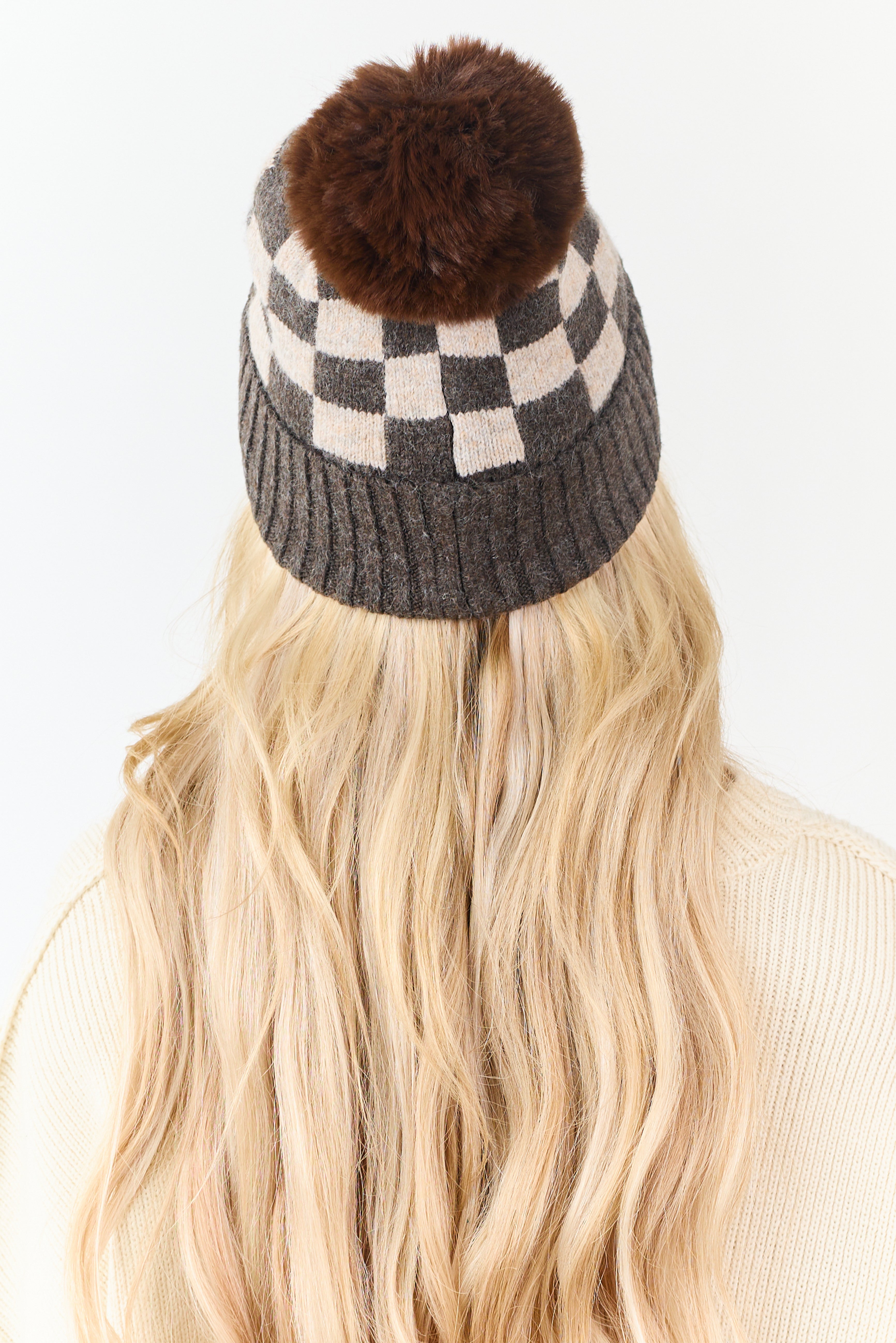 Cocoa and Camel Checkered Pom Pom Beanie
