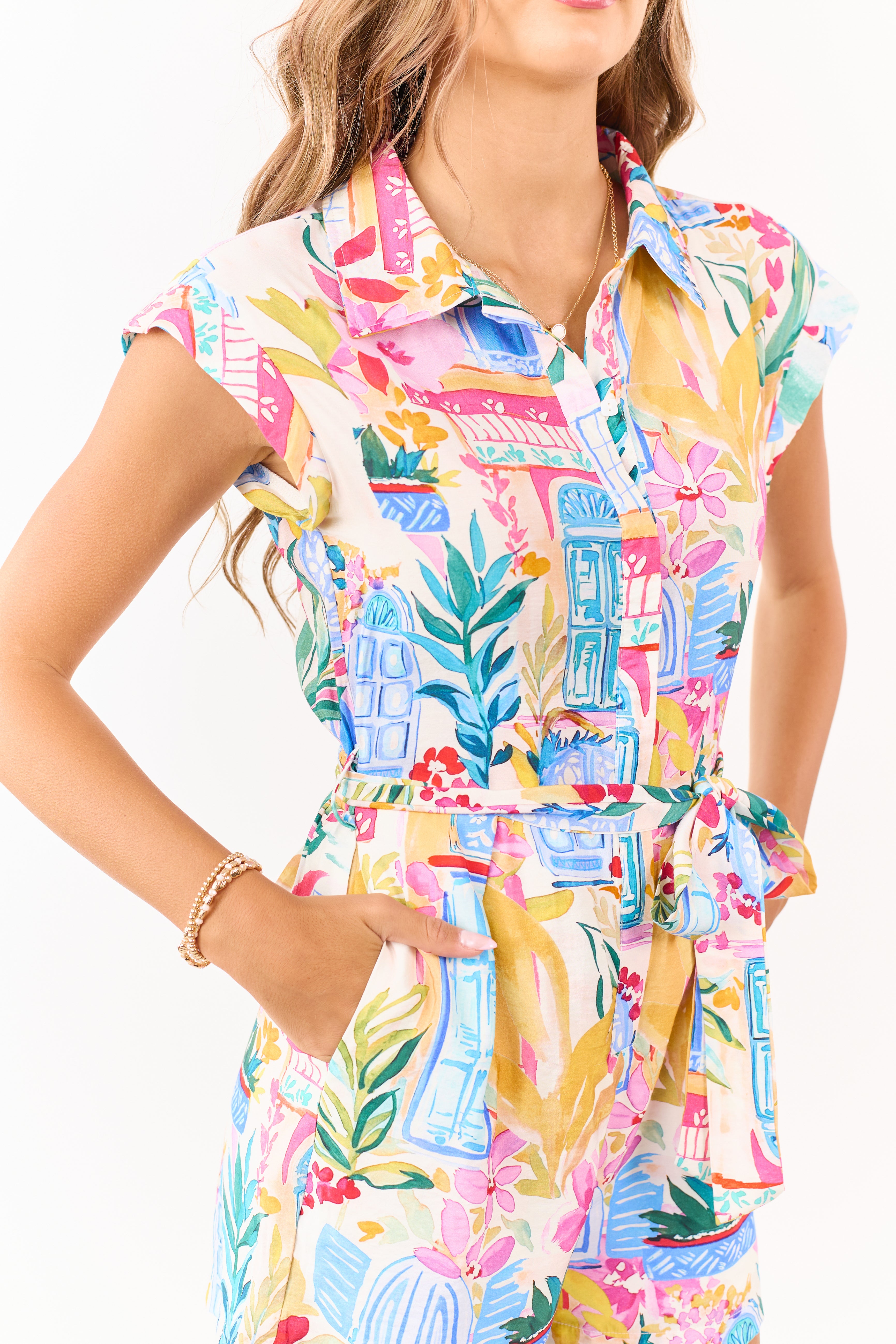 Coconut Coastal Print Half Button Down Romper