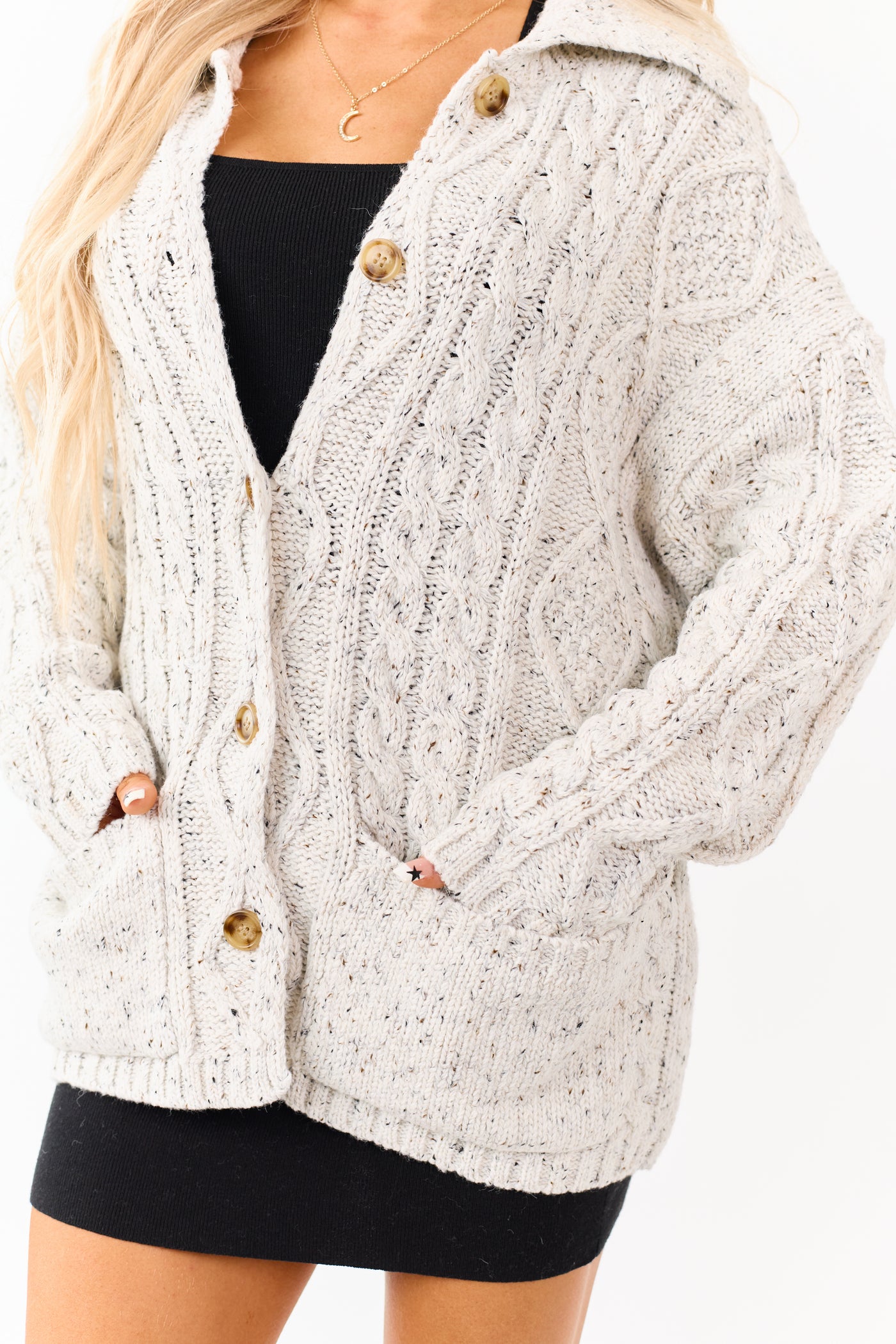 Coconut Collared Cable Knit Button Up Cardigan