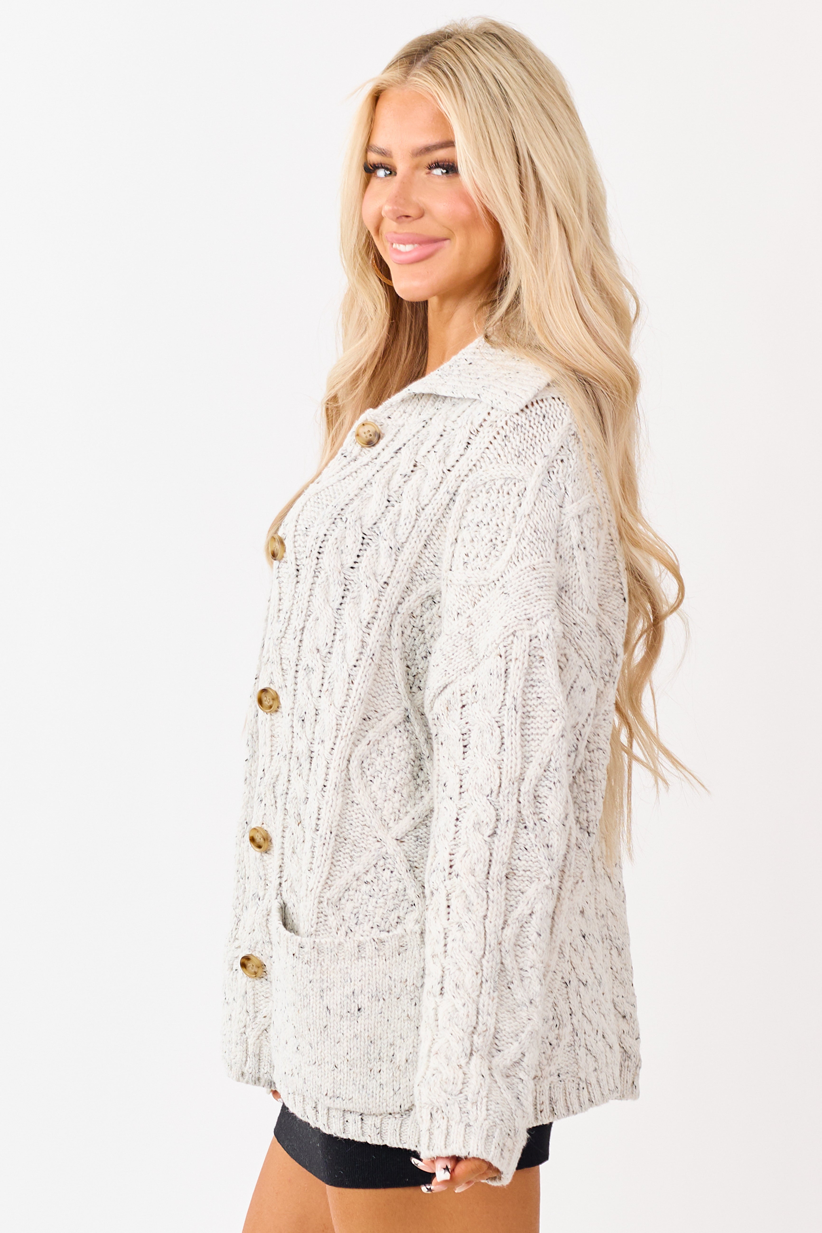 Coconut Collared Cable Knit Button Up Cardigan