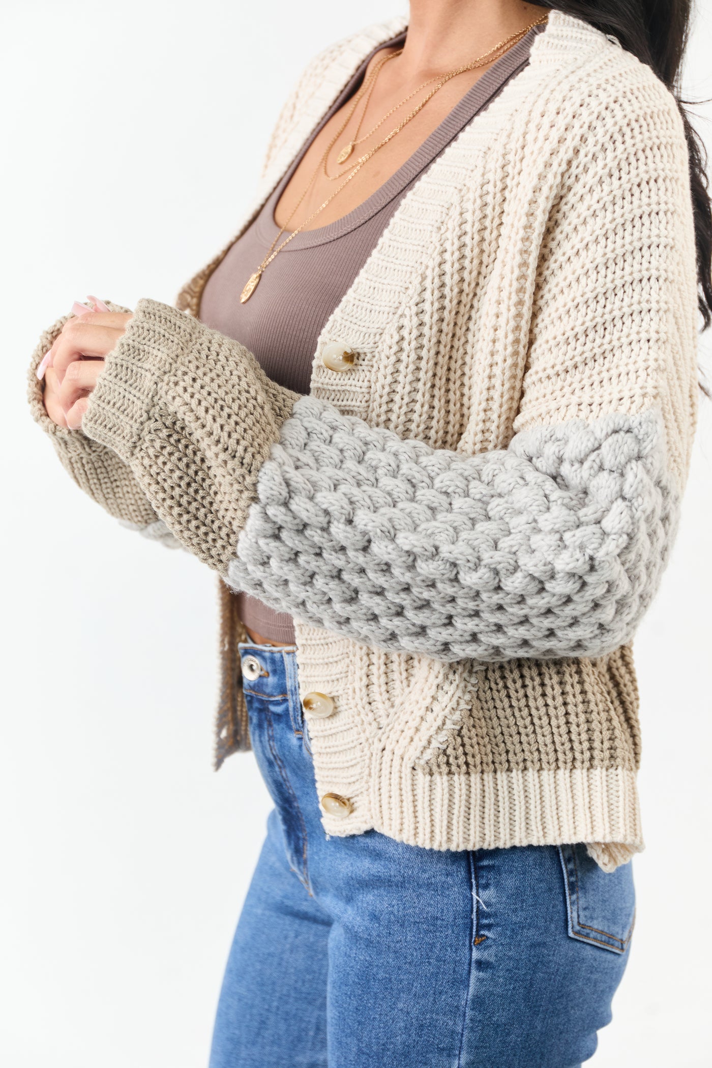 Coconut Colorblock Button Down Thick Knit Cardigan