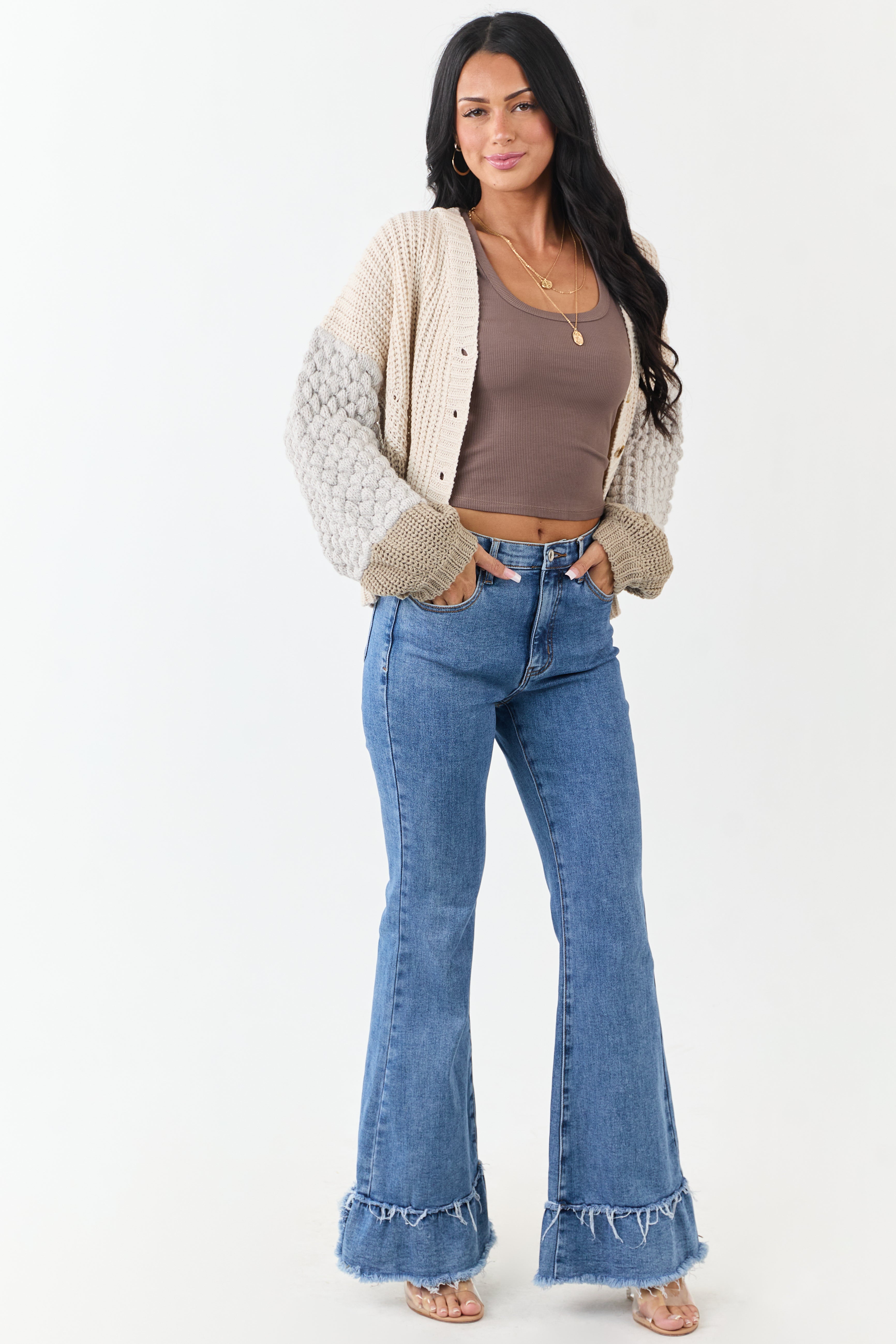 Coconut Colorblock Button Down Thick Knit Cardigan