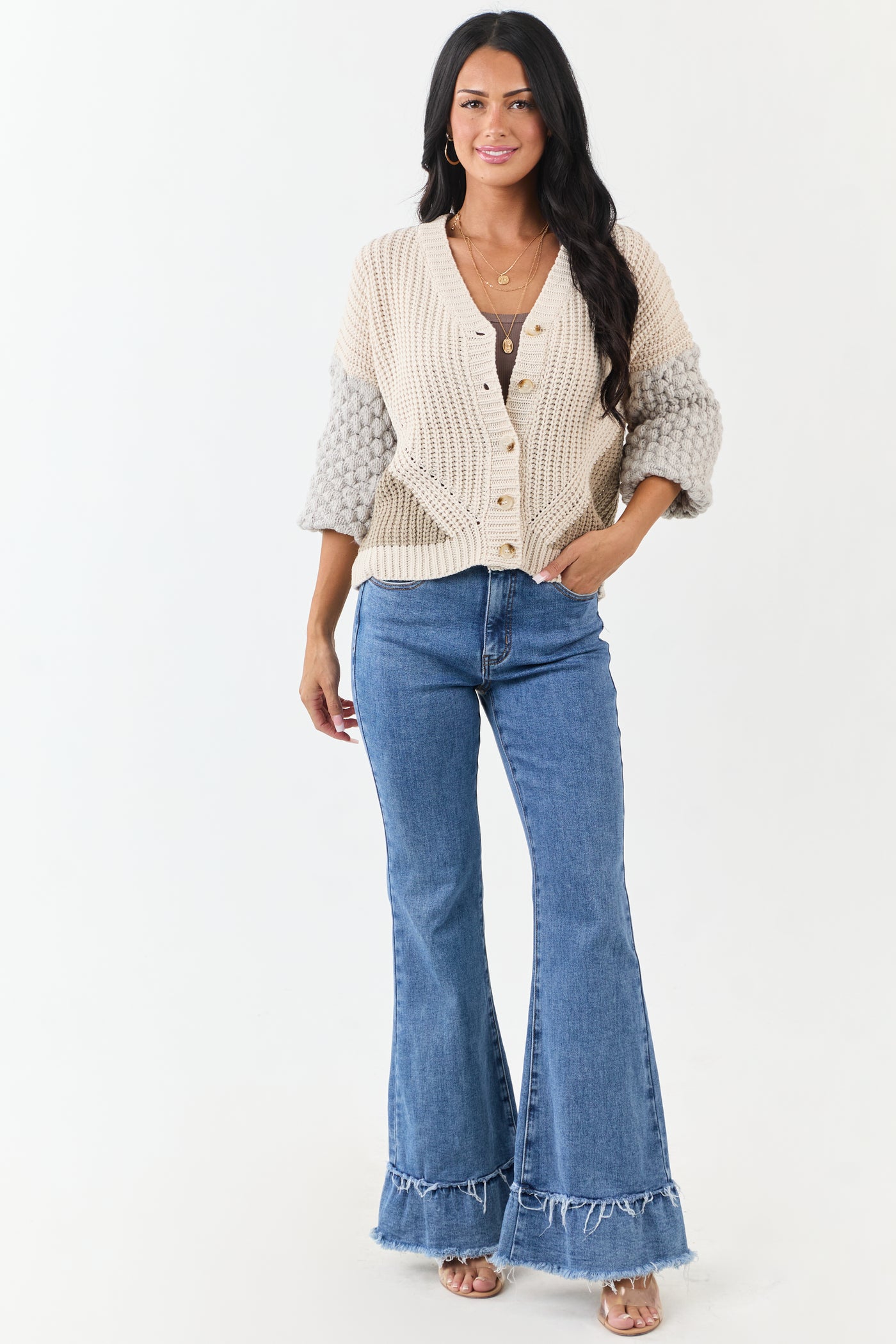 Coconut Colorblock Button Down Thick Knit Cardigan