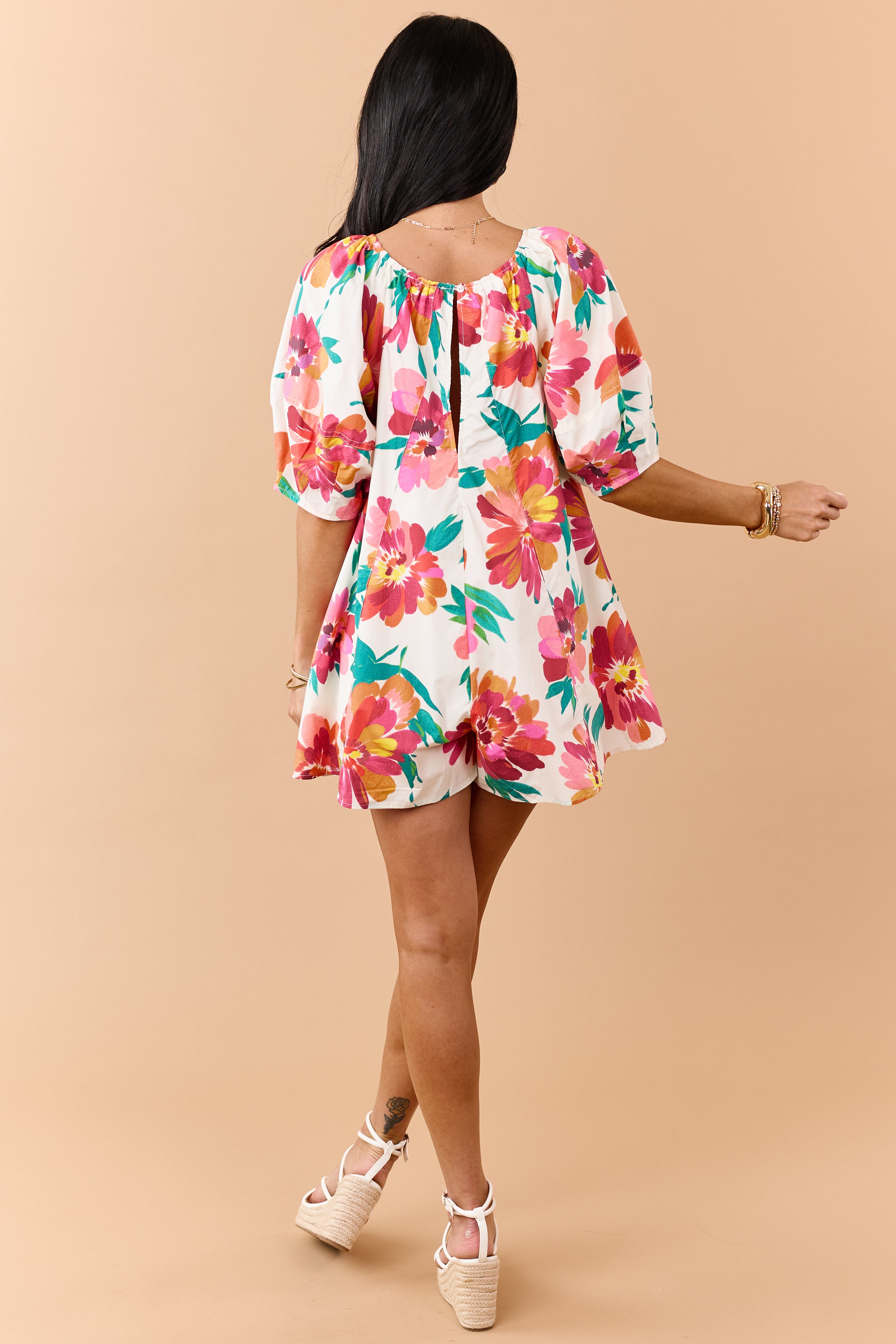Coconut Cotton Floral Print Puff Sleeve Romper