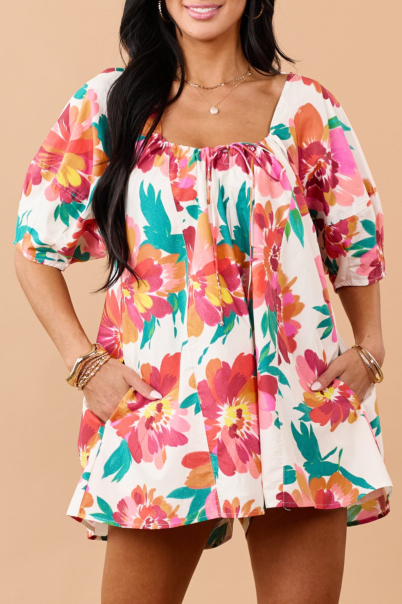 Coconut Cotton Floral Print Puff Sleeve Romper