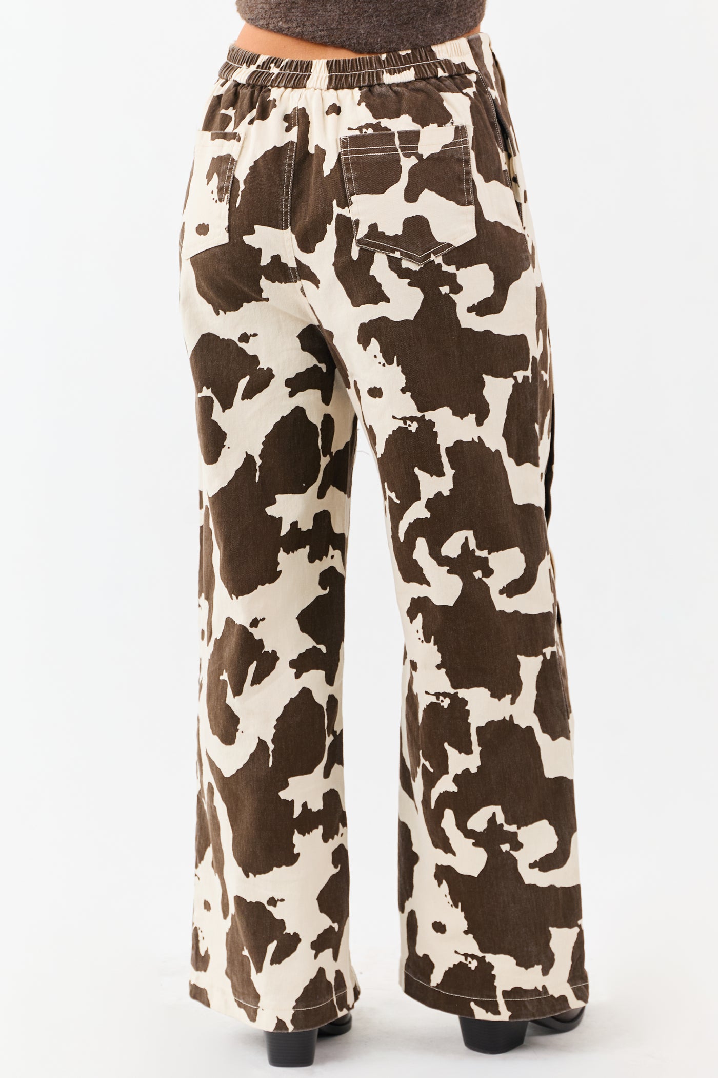 Coconut Cow Print Elastic Waist Wide Leg Denim Pants