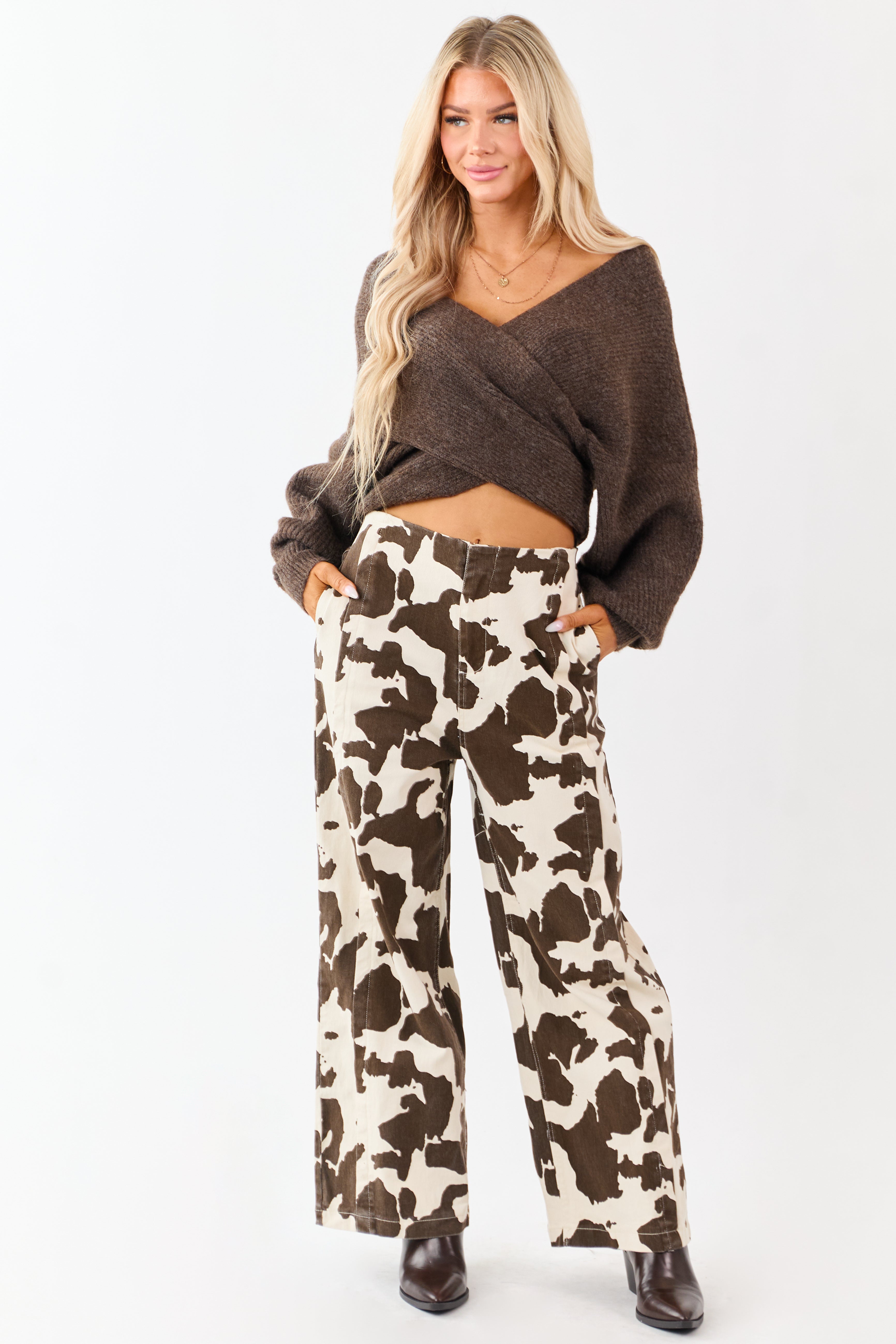 Coconut Cow Print Elastic Waist Wide Leg Denim Pants | Lime Lush