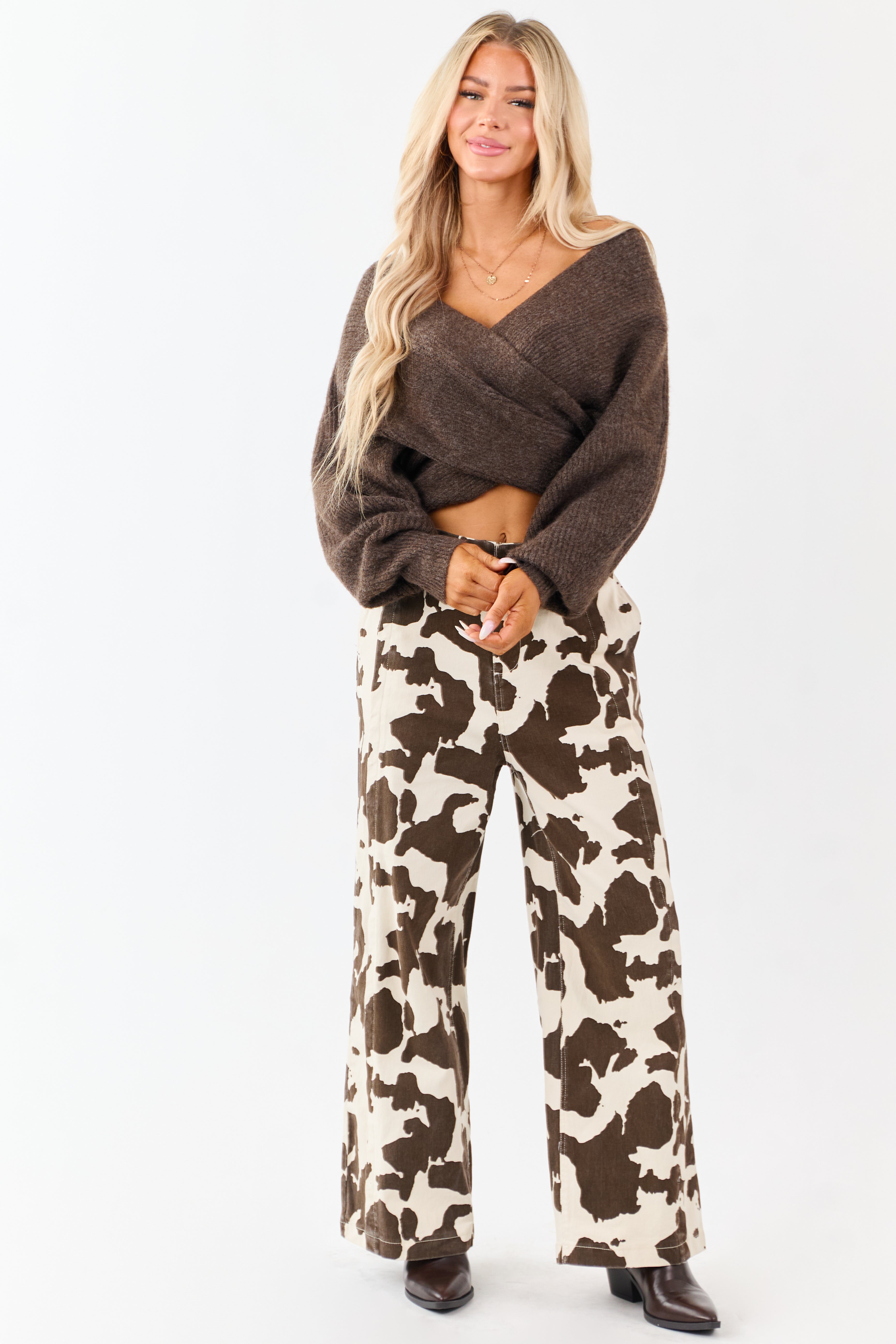 Coconut Cow Print Elastic Waist Wide Leg Denim Pants | Lime Lush