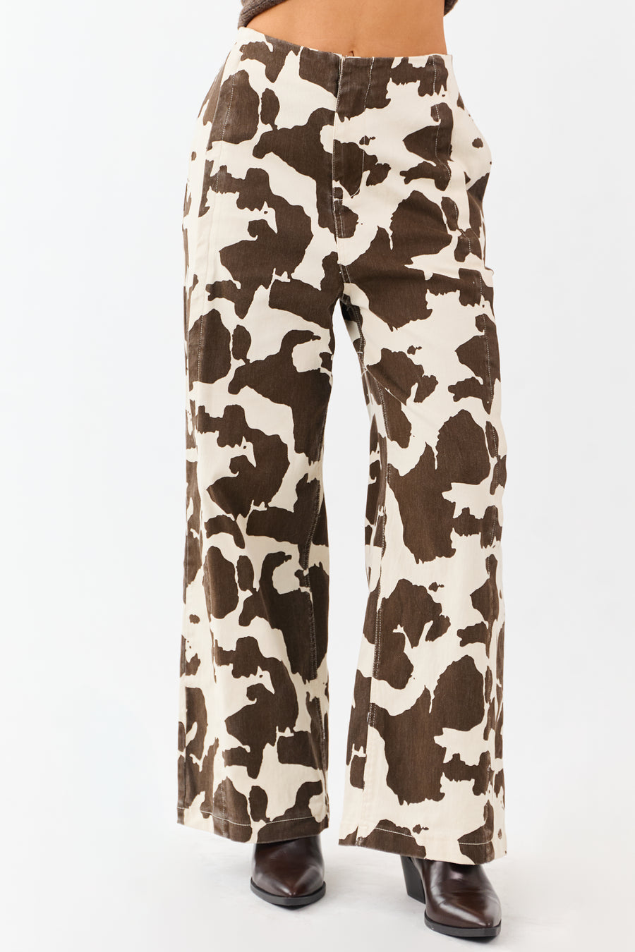 Coconut Cow Print Elastic Waist Wide Leg Denim Pants