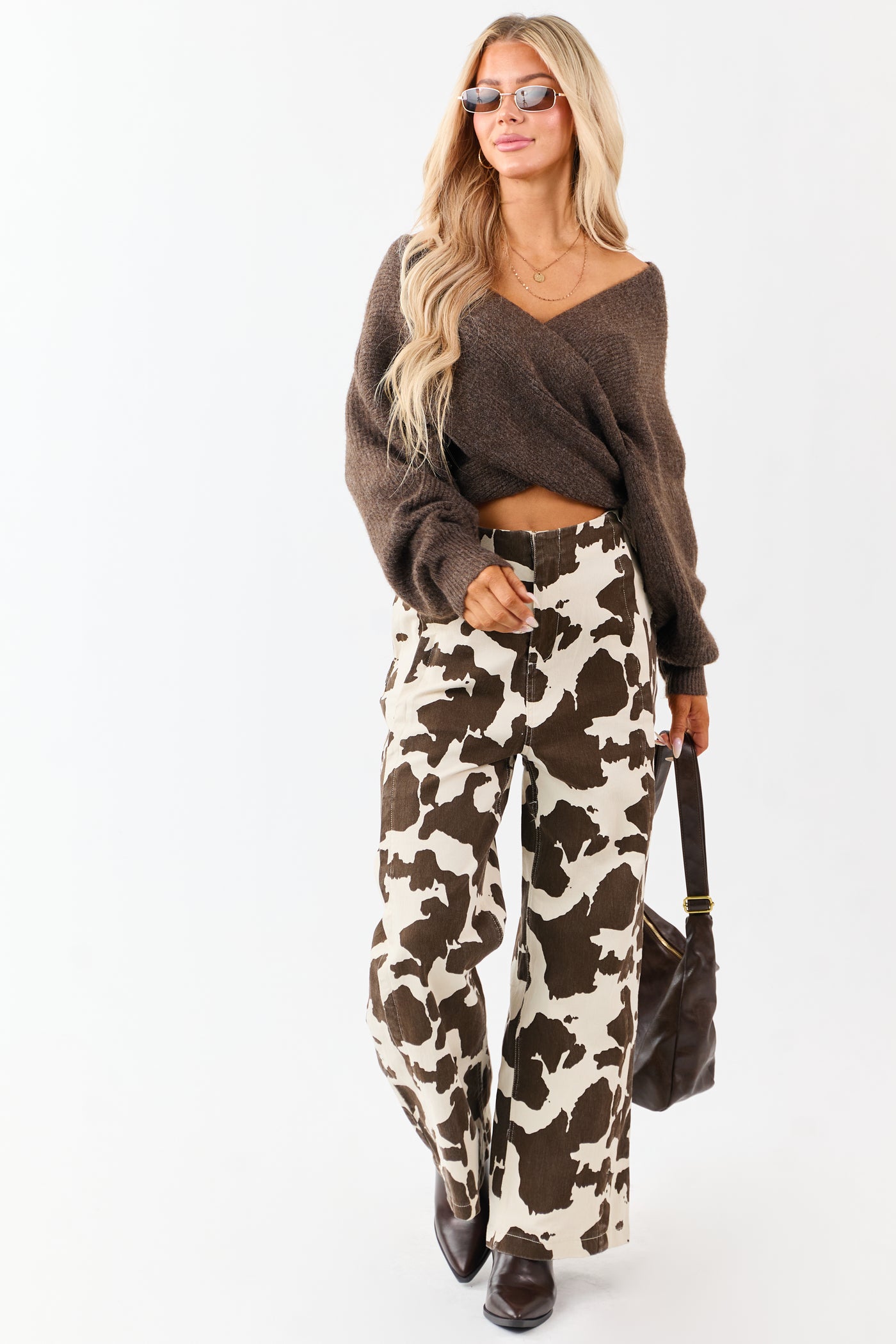 Coconut Cow Print Elastic Waist Wide Leg Denim Pants
