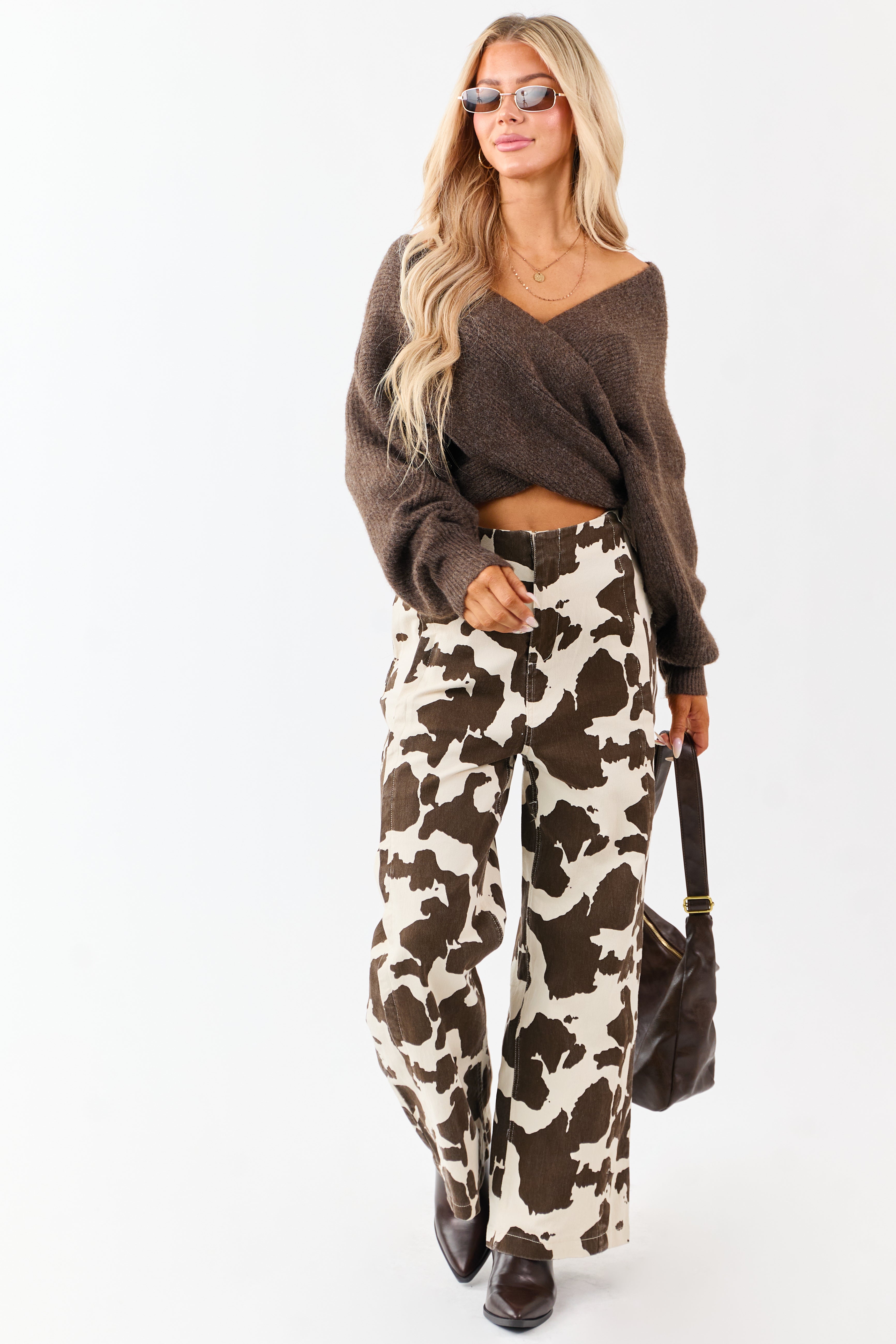Coconut Cow Print Elastic Waist Wide Leg Denim Pants