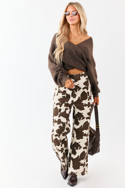 Coconut Cow Print Elastic Waist Wide Leg Denim Pants