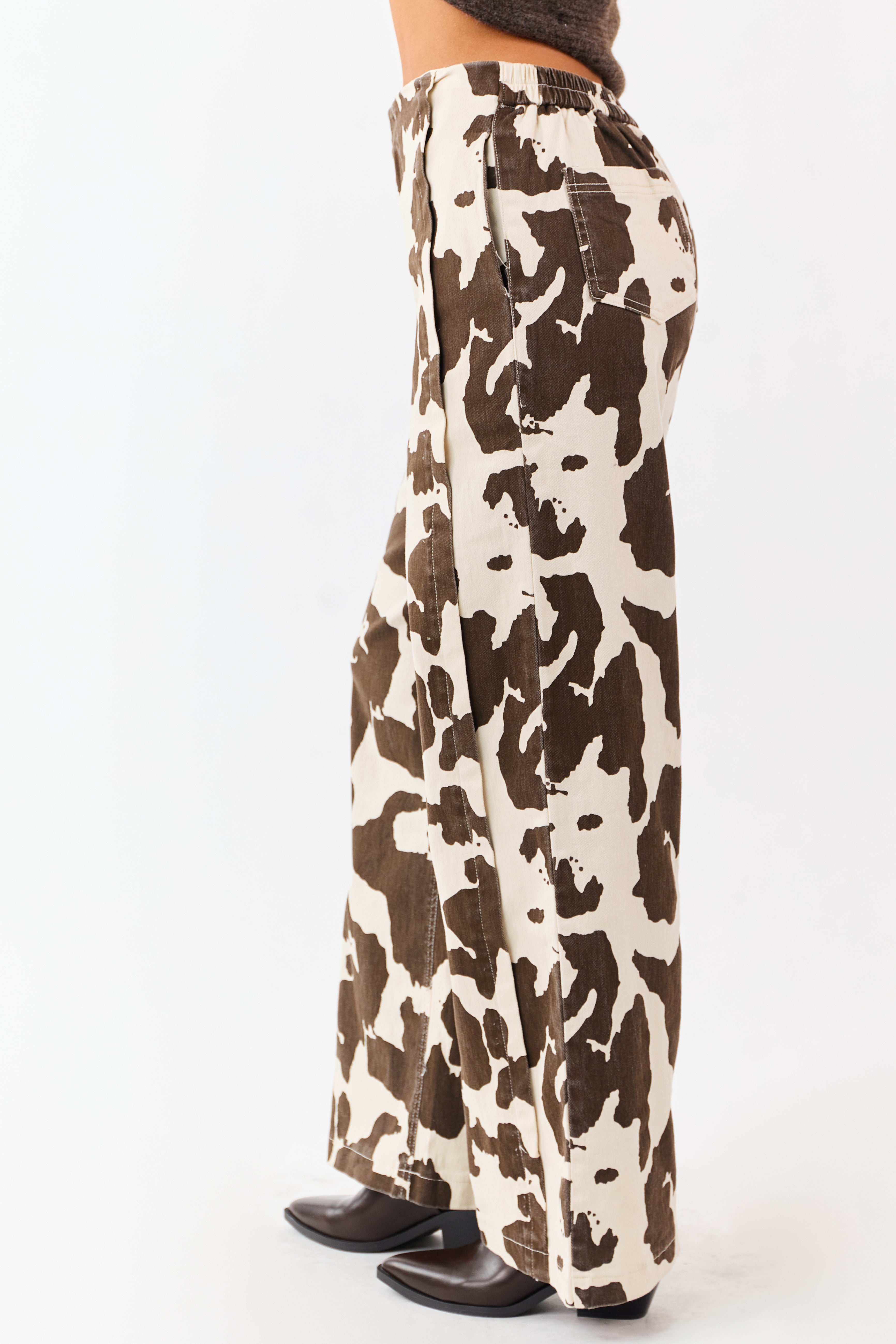 Coconut Cow Print Elastic Waist Wide Leg Denim Pants