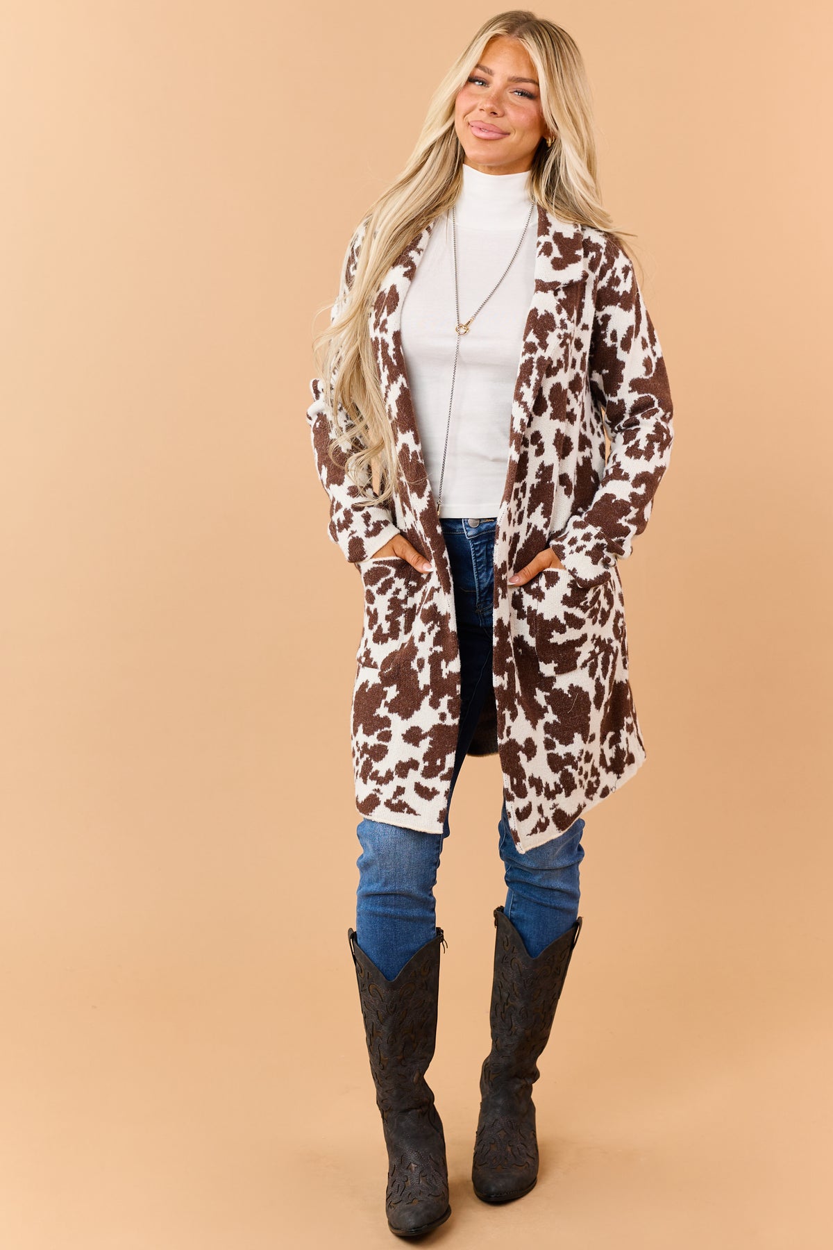 Coconut Cow Print Open Front Duster Cardigan