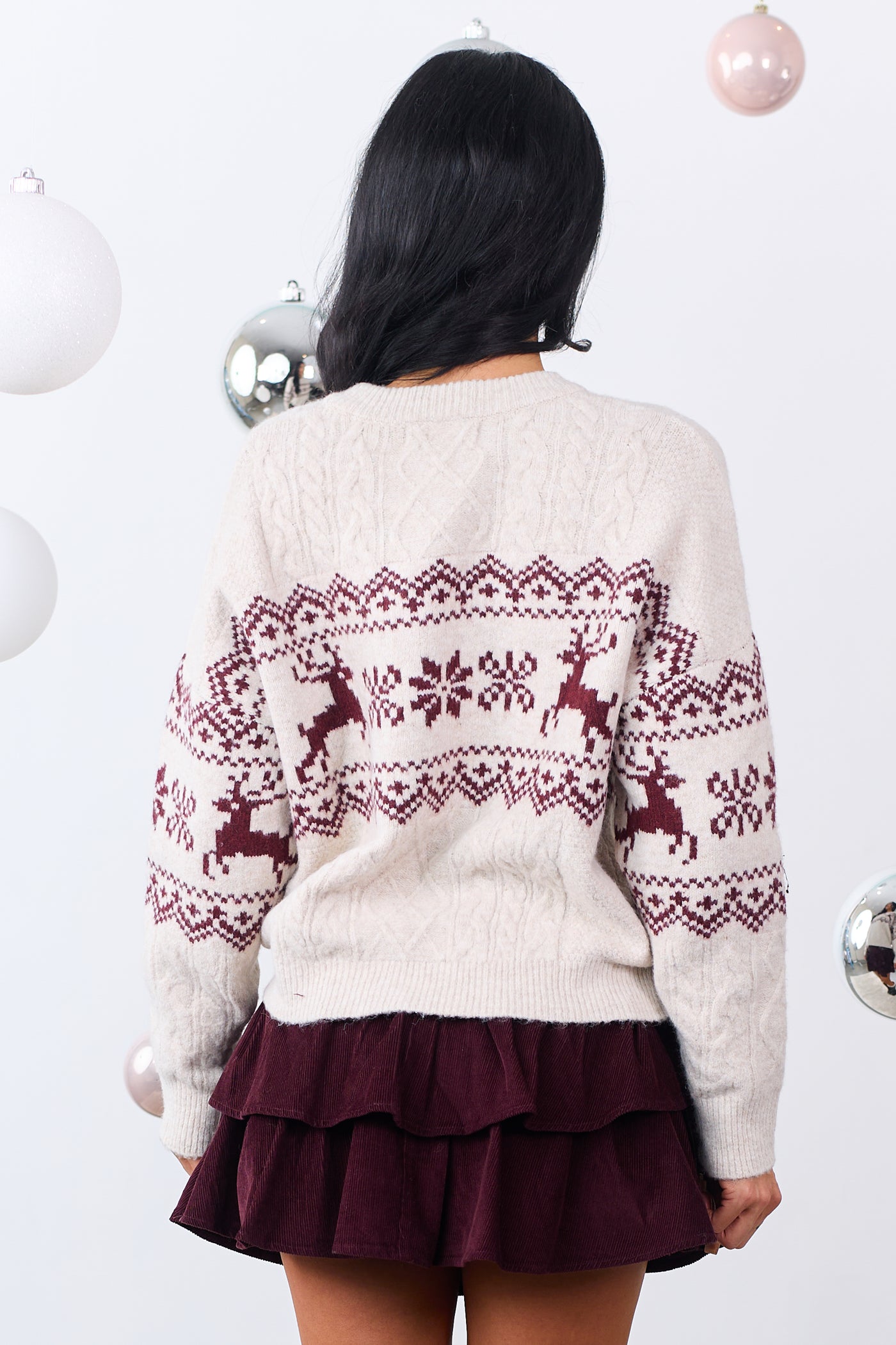 Coconut Fair Isle Reindeer Cable Knit Sweater