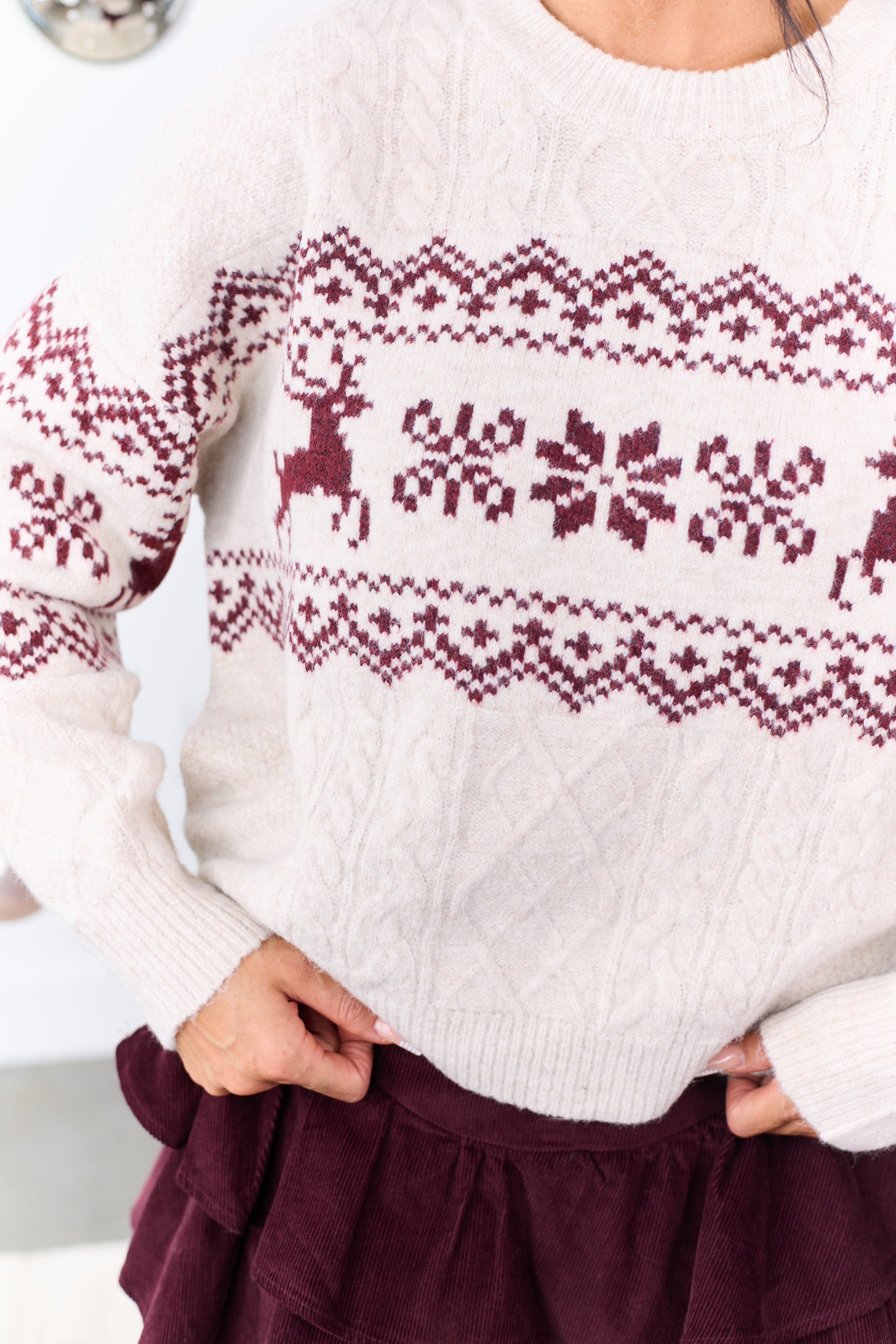 Coconut Fair Isle Reindeer Cable Knit Sweater