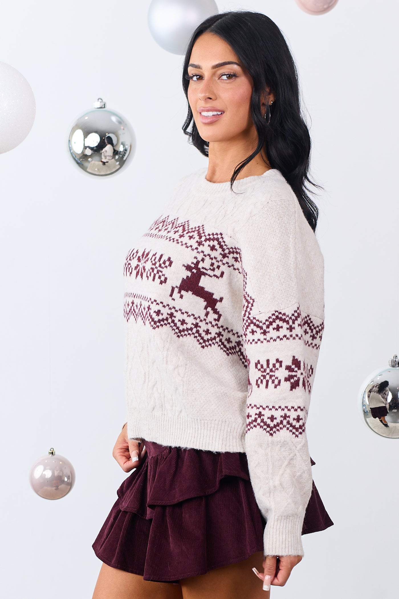 Coconut Fair Isle Reindeer Cable Knit Sweater