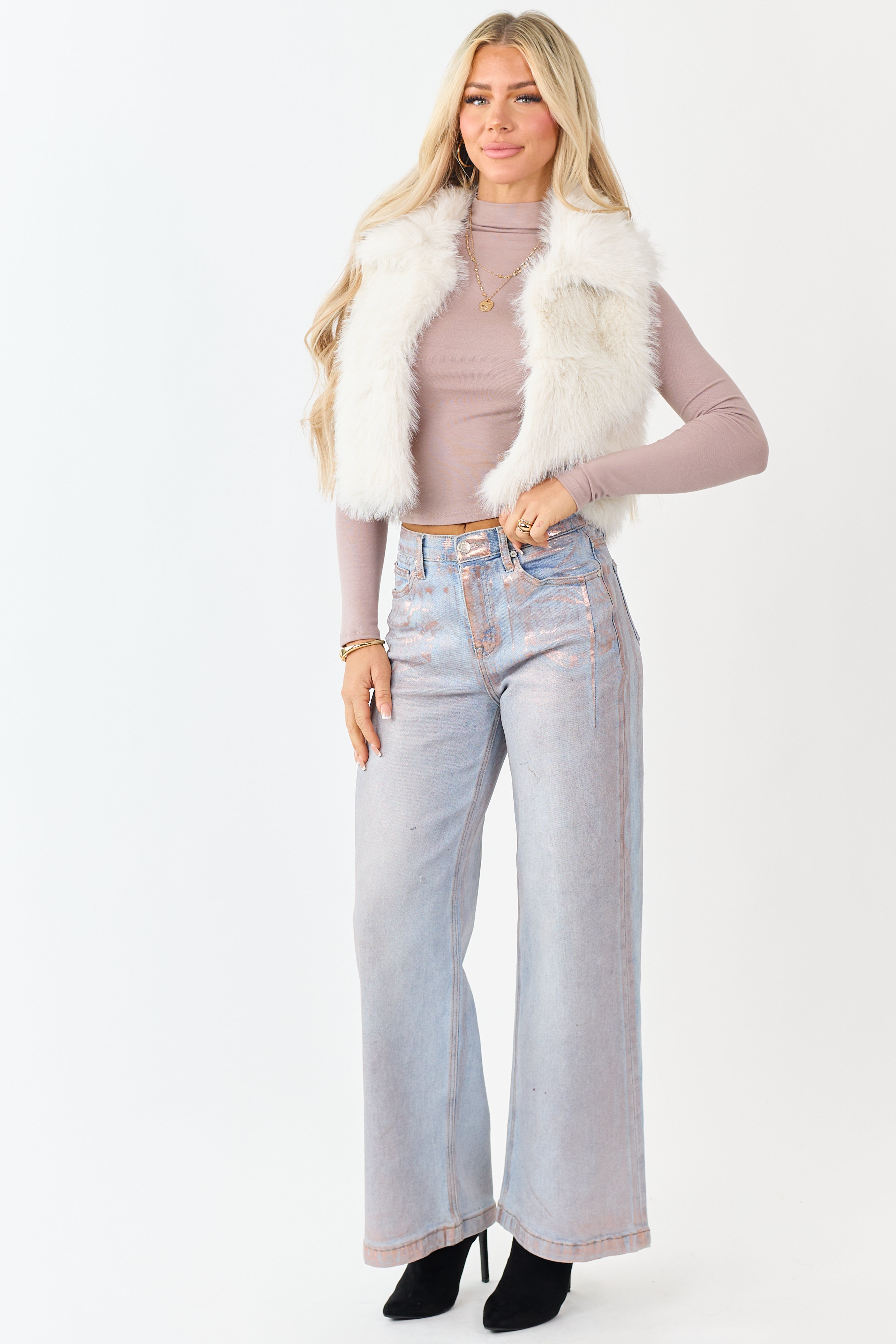 Coconut Faux Fur Cropped Collared Vest