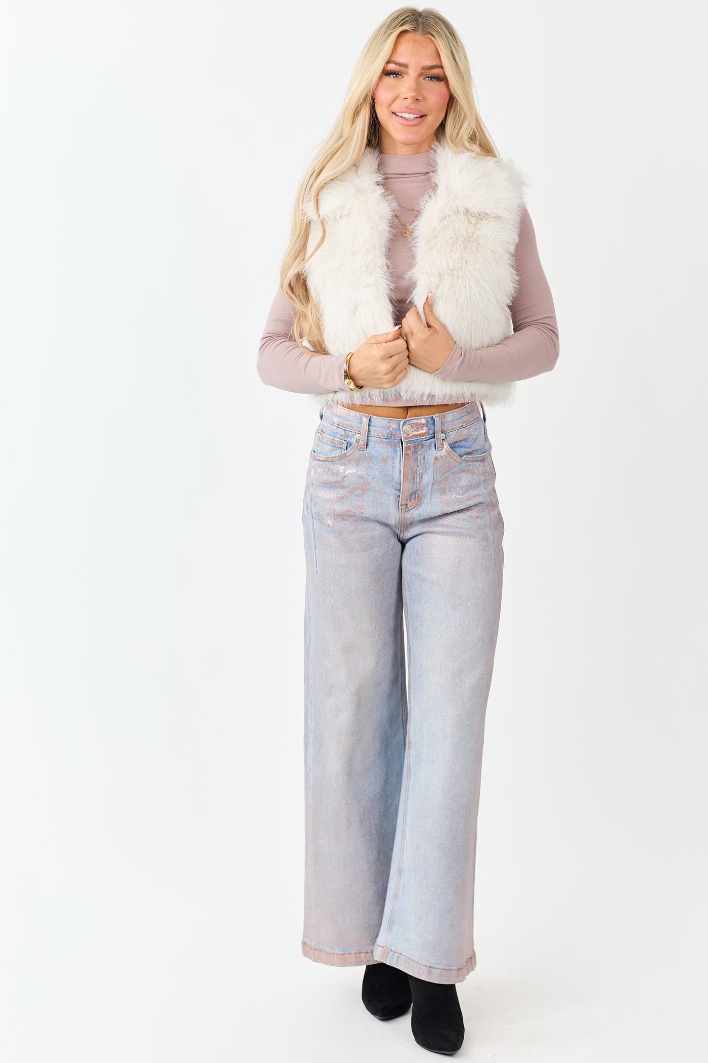 Coconut Faux Fur Cropped Collared Vest