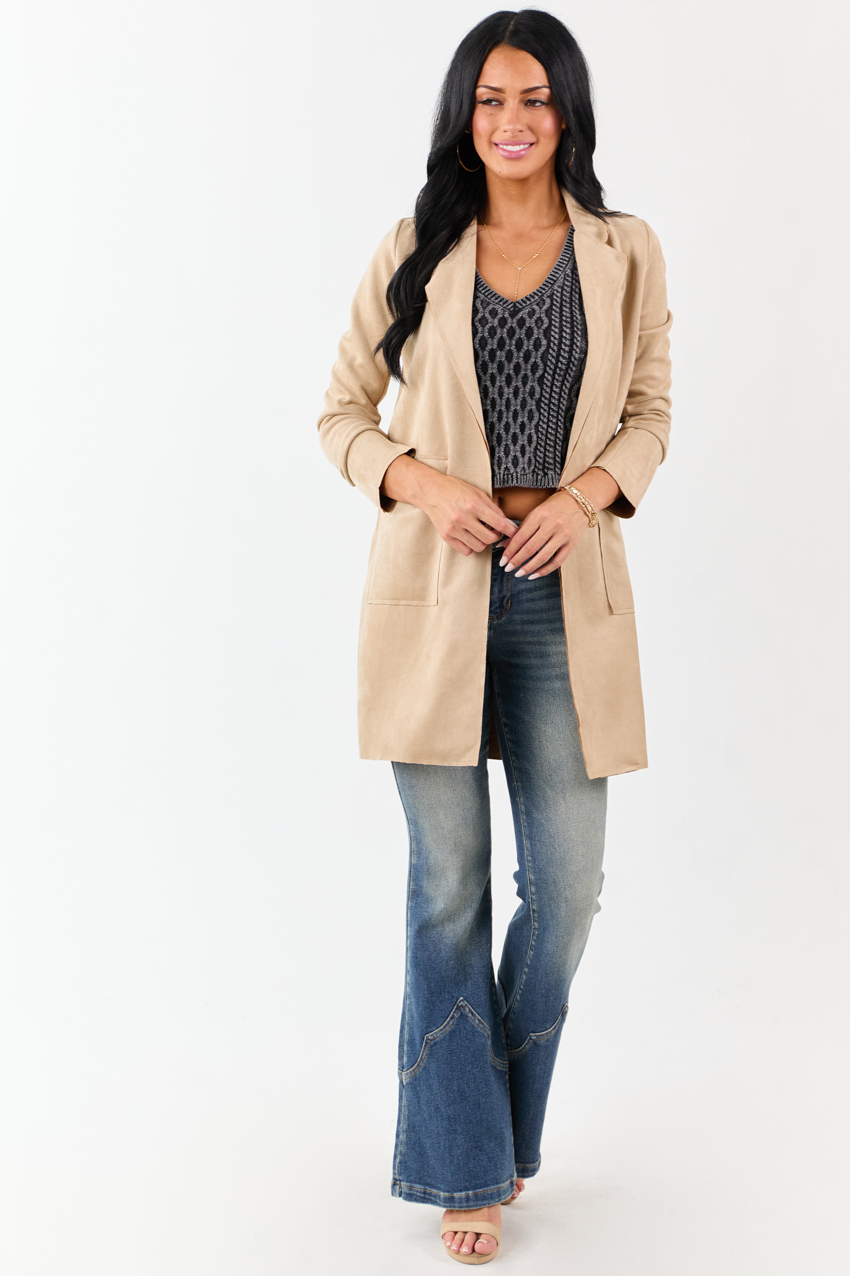 Coconut Faux Suede Open Front Jacket