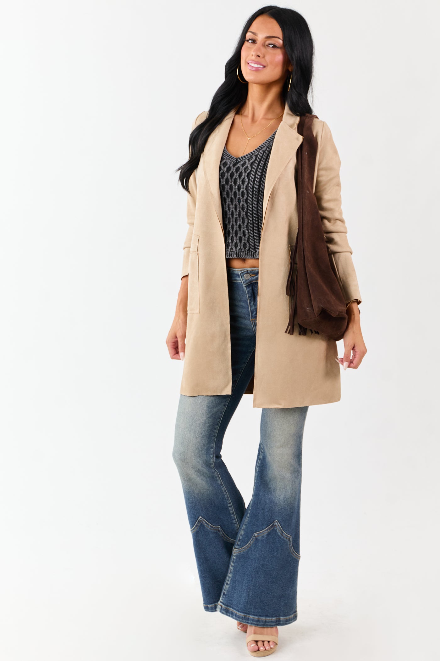 Coconut Faux Suede Open Front Jacket
