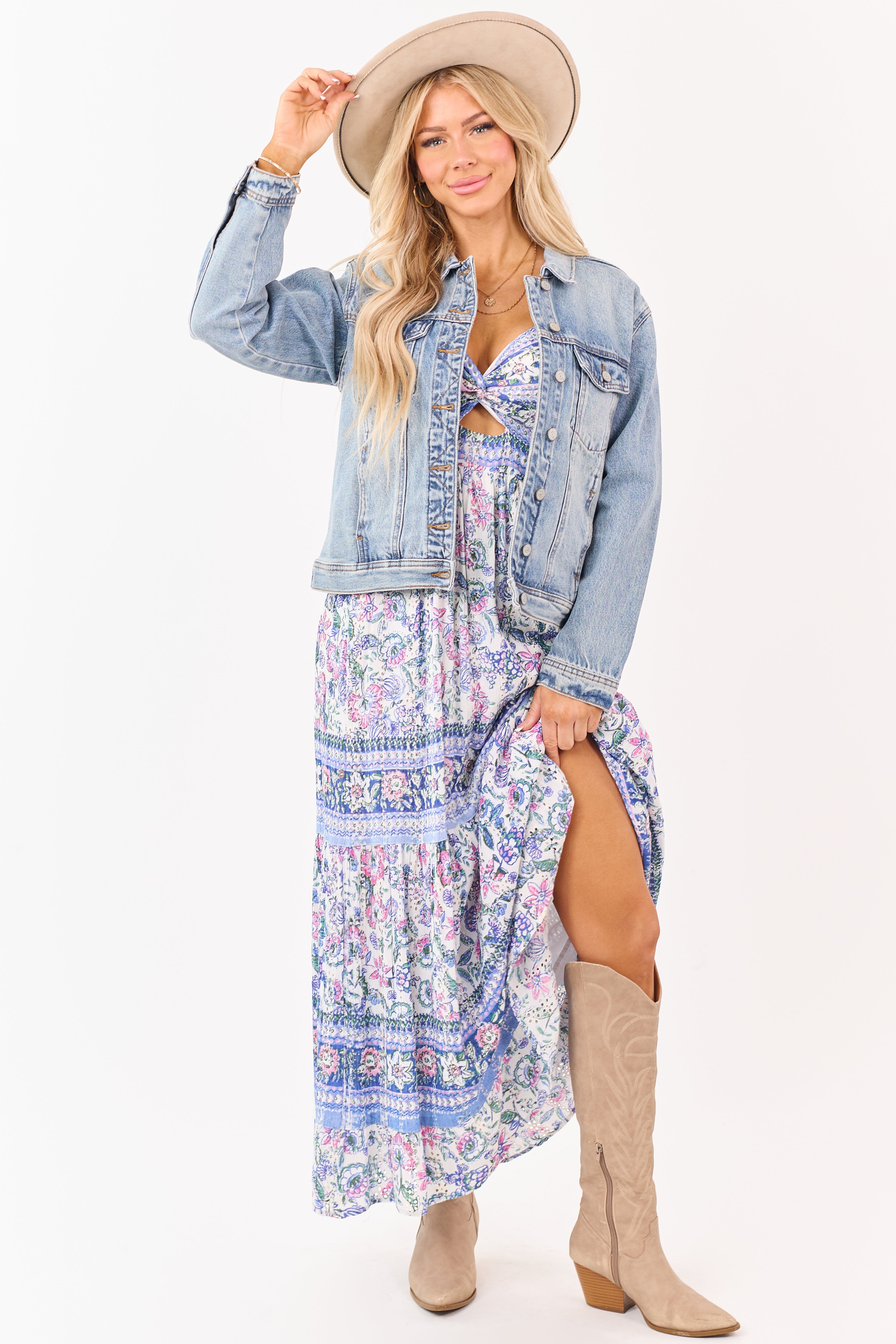 Coconut Floral Eyelet Front Twist Maxi Dress