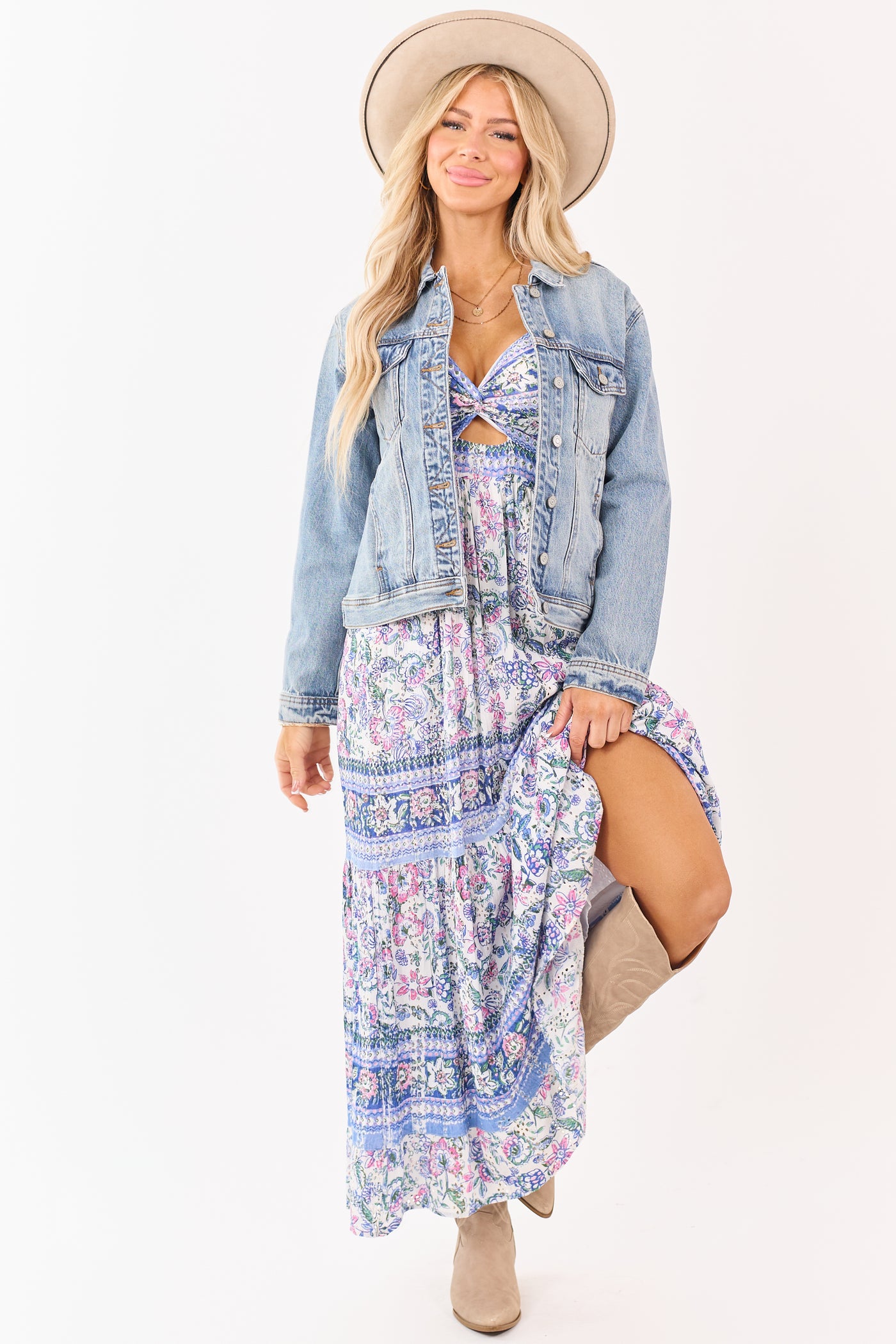 Coconut Floral Eyelet Front Twist Maxi Dress