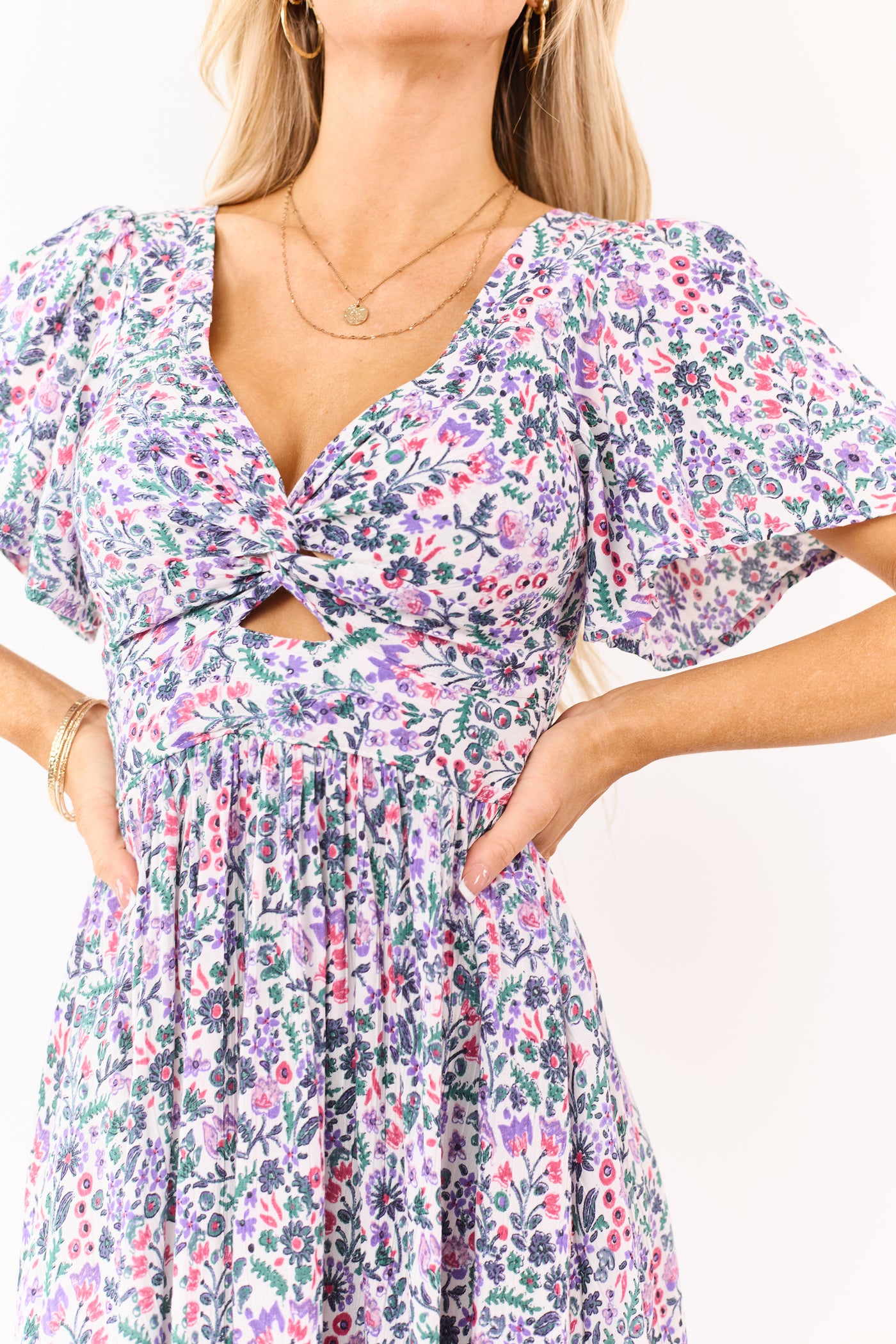 Coconut Floral Print Flutter Sleeve Mini Dress